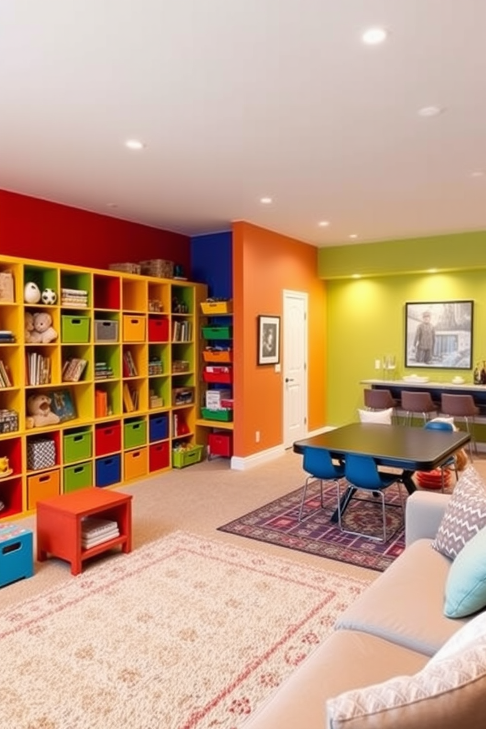 A vibrant creative playroom for kids filled with colorful storage solutions. The walls are painted in bright primary colors, and there are various play zones with soft rugs and playful furniture. A spacious basement designed for relaxation and entertainment. It features a comfortable seating area with a large sectional sofa, a game table, and a wet bar, all complemented by warm lighting and cozy decor.