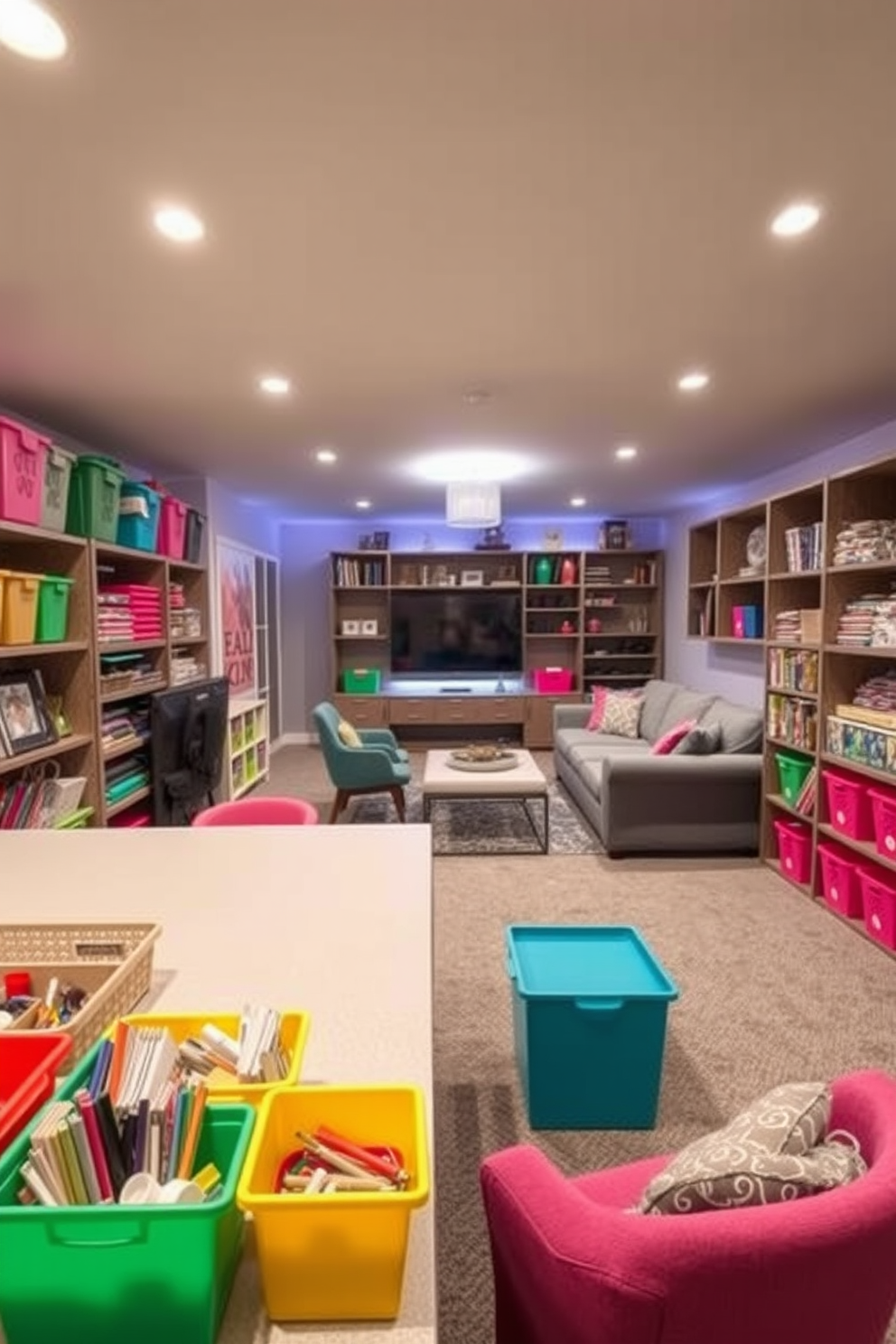 Trendy craft room with organized supplies. The room features a large worktable surrounded by colorful storage bins and shelves filled with neatly arranged craft materials. Large basement design ideas. The space includes a cozy seating area with a plush sectional sofa, a multi-functional entertainment center, and ambient lighting that creates a warm atmosphere.