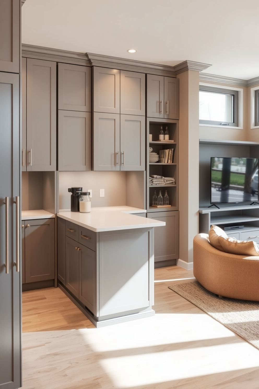 A contemporary kitchenette designed for easy snacks features sleek cabinetry in a soft gray finish with brushed nickel hardware. The countertops are made of white quartz, and a compact island provides additional prep space with bar stools for casual dining. For the large basement design, envision a multifunctional space that includes a cozy lounge area with plush seating and a built-in entertainment center. The walls are painted in a warm beige tone, and large windows allow natural light to flood the area, creating an inviting atmosphere.