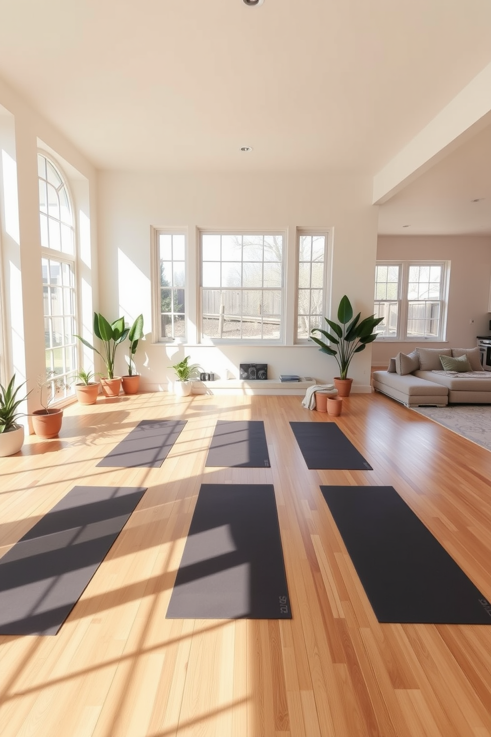 A serene multi-purpose space for yoga and meditation. The room features large windows that allow natural light to flood in, creating a calming atmosphere with soft pastel wall colors. In the center, there are yoga mats neatly arranged on a bamboo floor. Surrounding the space are potted plants and a cozy seating area with cushions for relaxation after practice. The large basement is designed with an open layout to maximize functionality. It includes a lounge area with a sectional sofa, a small kitchenette, and a dedicated corner for art or craft activities.