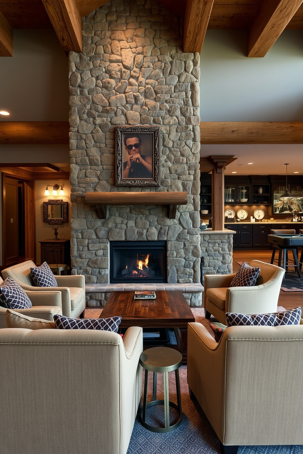 A rustic lounge setting featuring a cozy fireplace made of stone. Comfortable seating arrangements with plush armchairs and a wooden coffee table create an inviting atmosphere. In the large basement, there are designated areas for entertainment and relaxation. A stylish bar with high stools and a game area with a pool table enhance the space's functionality and charm.