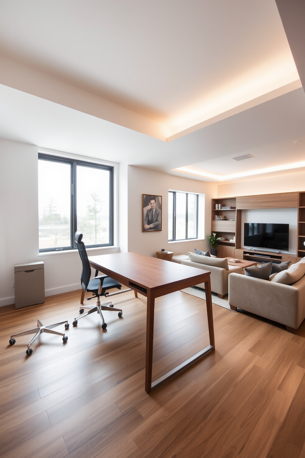 A minimalist study area featuring a sleek wooden desk with clean lines and a comfortable ergonomic chair. The walls are painted in a soft white, and a large window allows natural light to flood the space, enhancing the serene atmosphere. A large basement designed for multi-functional use, incorporating a cozy seating area with plush sofas and a modern entertainment center. The floors are finished with warm wood tones, and soft ambient lighting creates an inviting environment perfect for relaxation and gatherings.