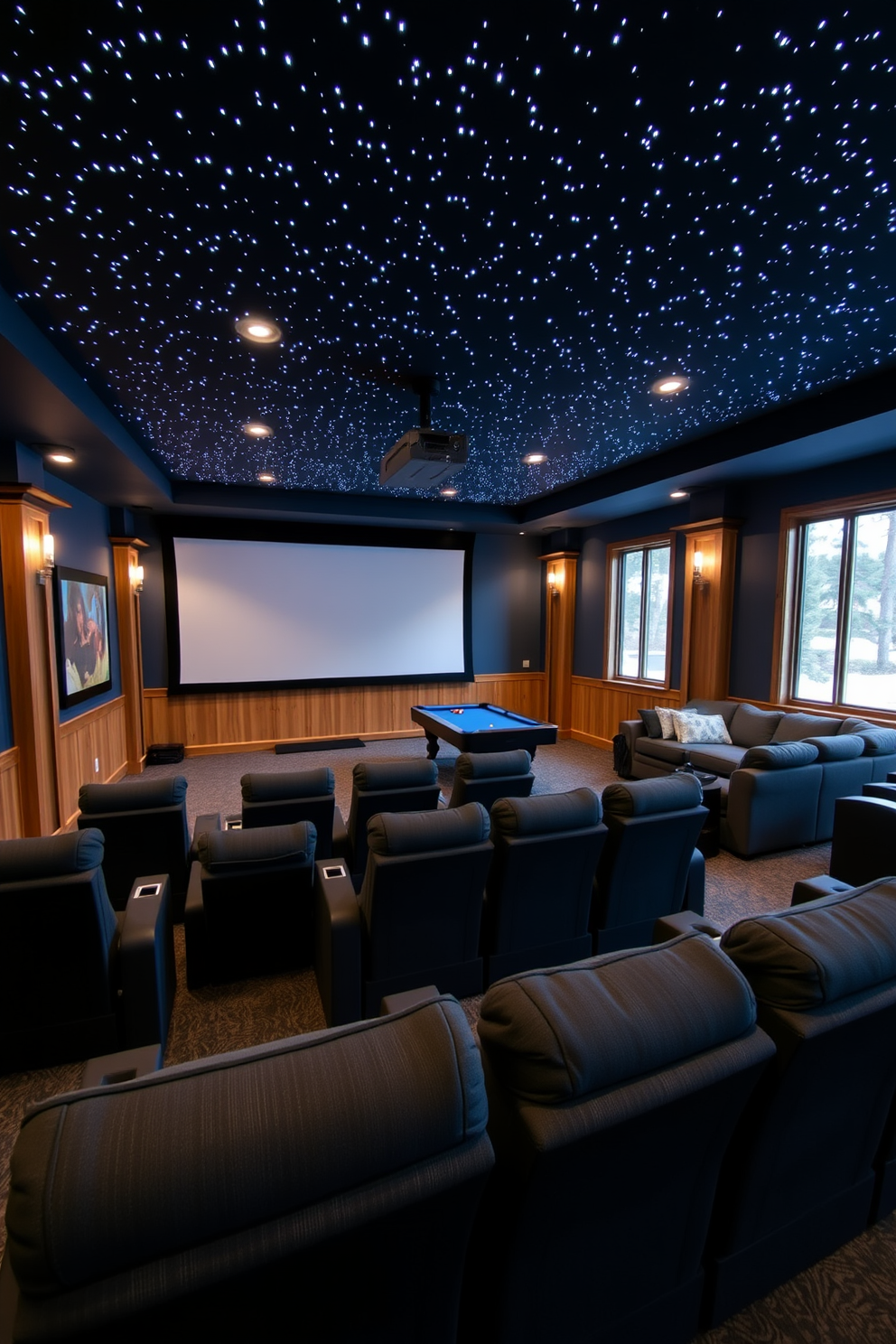 Cozy movie theater with recliner seating. The walls are painted a deep navy blue, and the ceiling features twinkling LED lights resembling a starry sky. A large screen is positioned at the front, with a projector mounted on the ceiling. Plush, dark gray recliners are arranged in a tiered layout, providing optimal viewing angles for all guests. Large Basement Design Ideas. The space is divided into multiple zones, including a game area with a pool table and a lounge area with a sectional sofa. The walls are adorned with wood paneling, and large windows let in natural light while maintaining privacy.