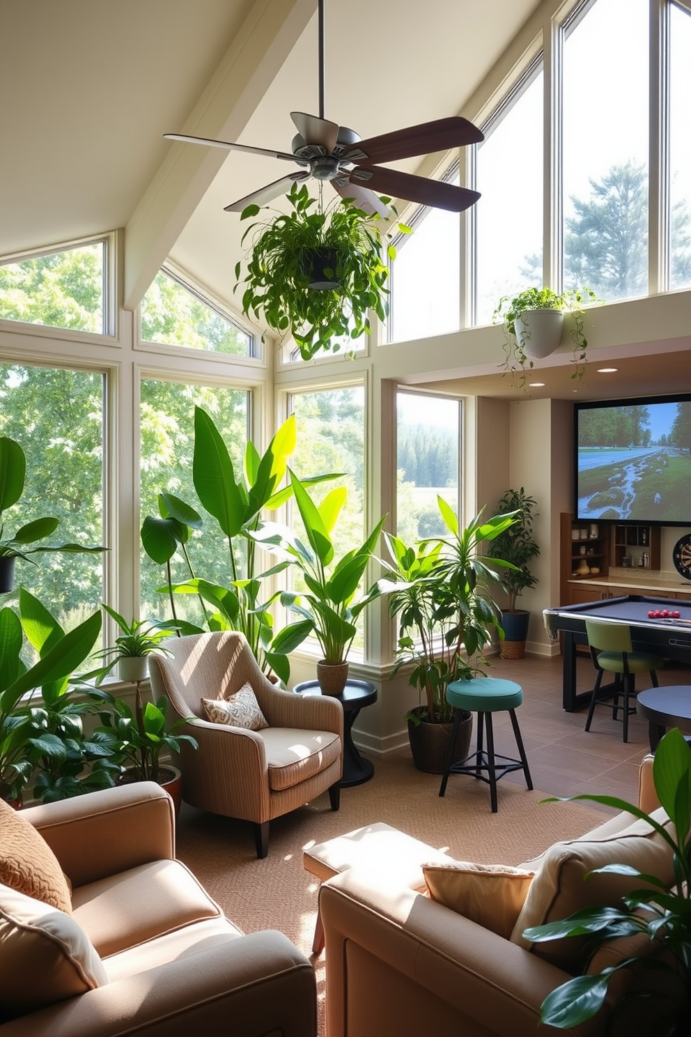 A bright sunroom filled with an array of vibrant green plants and comfortable seating options. Sunlight streams through large windows, illuminating a cozy reading nook with a plush armchair and a small side table. A spacious basement designed for entertainment and relaxation featuring a home theater area with plush seating and a large screen. The space includes a wet bar with stylish stools and a game area with a pool table and dartboard.