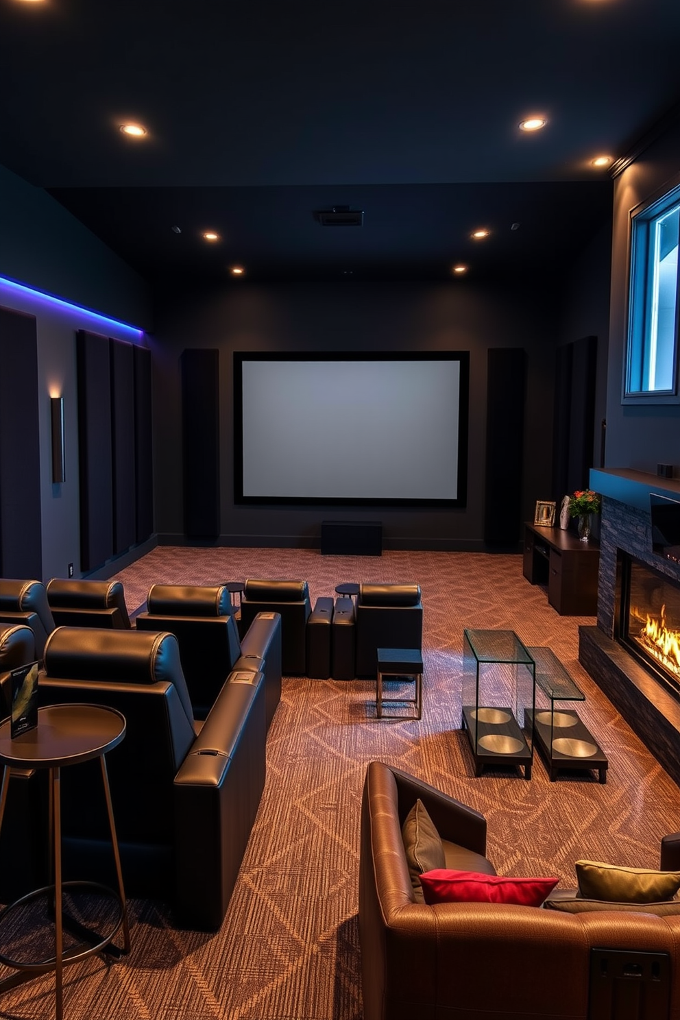 A stylish home theater featuring a large projector screen dominates the wall opposite plush reclining seats. The room is adorned with dark acoustic panels and ambient lighting, creating an immersive cinematic experience. The large basement design includes a multifunctional space that serves as both a lounge and entertainment area. It showcases a wet bar with modern stools, a cozy fireplace, and large windows that bring in natural light.