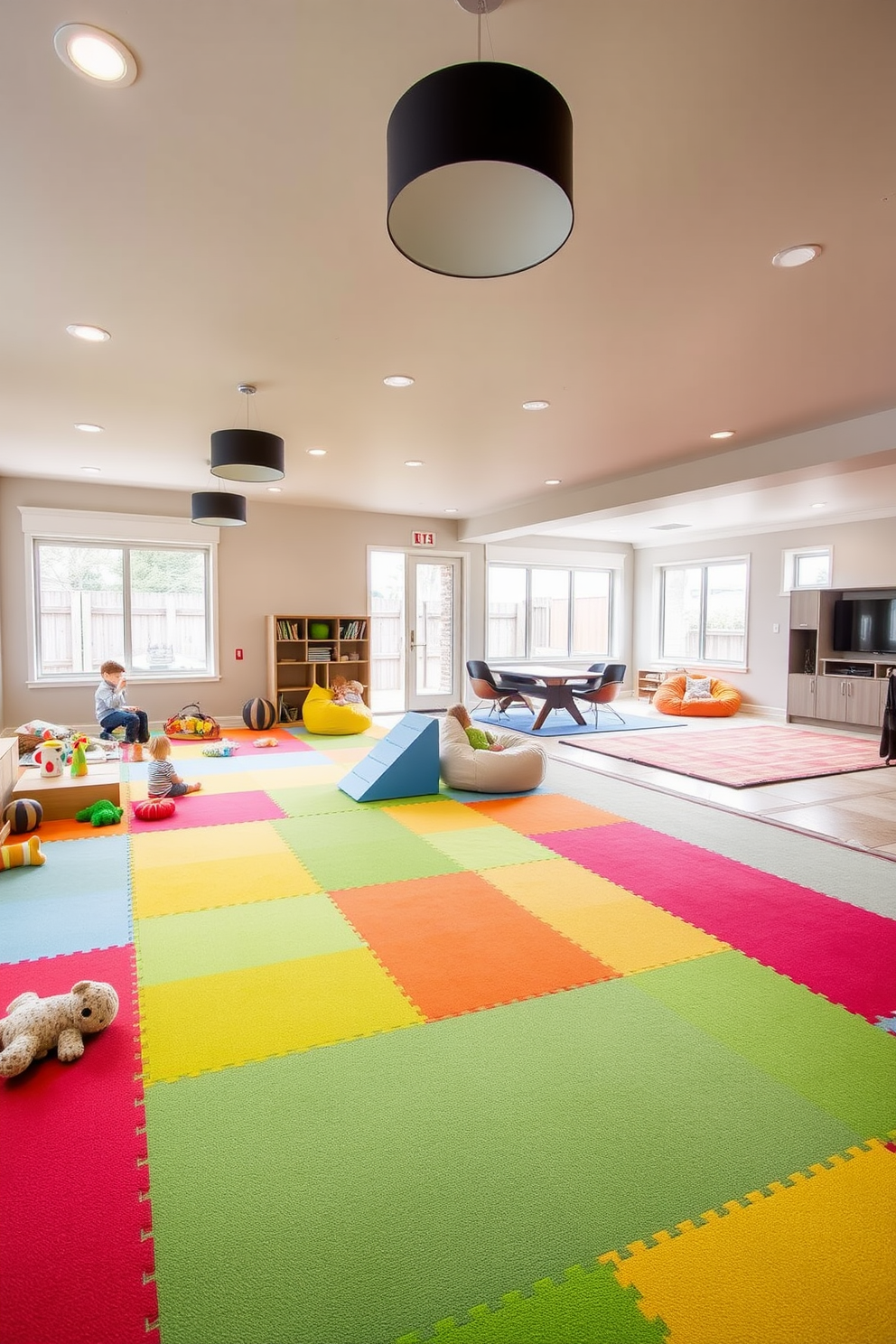 Open play area with soft flooring featuring vibrant, cushioned mats in a variety of colors. The space is filled with plush toys, a small climbing structure, and a cozy reading nook with bean bags. Large basement design ideas include a multifunctional space that serves as a family room, game area, and home gym. The walls are painted in a light neutral tone, and large windows allow natural light to brighten the area while stylish pendant lights add a modern touch.