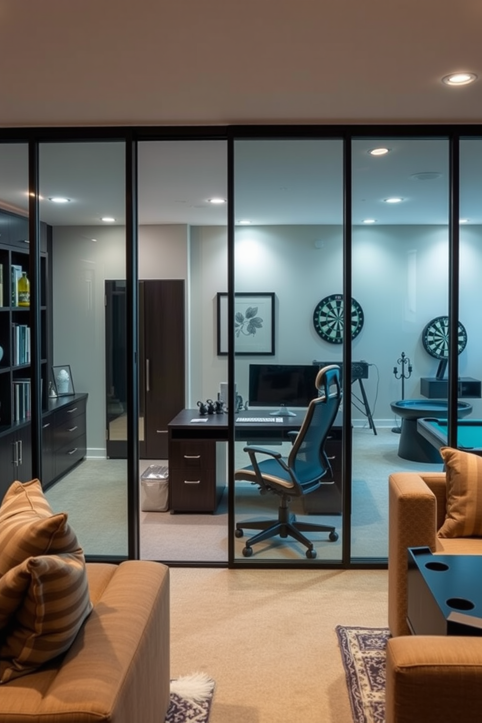 A sleek home office with glass partitions. The space features a modern desk made of dark wood and a comfortable ergonomic chair, complemented by a stylish bookshelf filled with books and decorative items. Large basement design ideas that maximize space and functionality. The area includes a cozy lounge with plush seating, a small kitchenette, and a game corner with a pool table and dartboard.