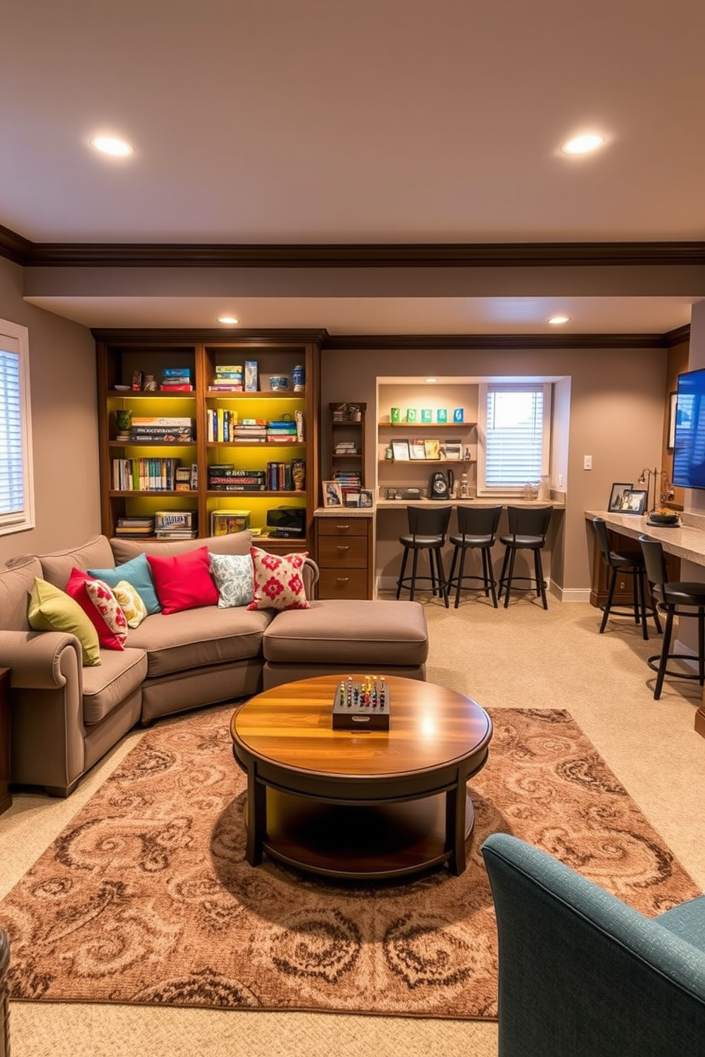 A cozy corner for board games and puzzles features a plush sectional sofa adorned with colorful throw pillows. A round wooden coffee table sits at the center, surrounded by a soft area rug, and shelves filled with board games and puzzles line the walls. The large basement design incorporates warm lighting and a neutral color palette to create an inviting atmosphere. A dedicated game area is complemented by a mini bar with high stools and a wall-mounted TV for entertainment.