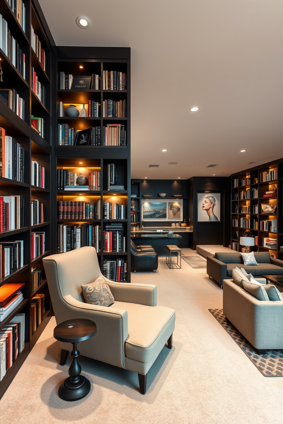 A modern library with floor-to-ceiling shelves showcases an extensive collection of books and decorative items. The space is illuminated by warm lighting, creating a cozy reading nook with a plush armchair and a small side table. The large basement design features an open layout that includes a lounge area with comfortable seating and a home theater setup. Stylish accents such as a wet bar and contemporary art pieces enhance the inviting atmosphere.