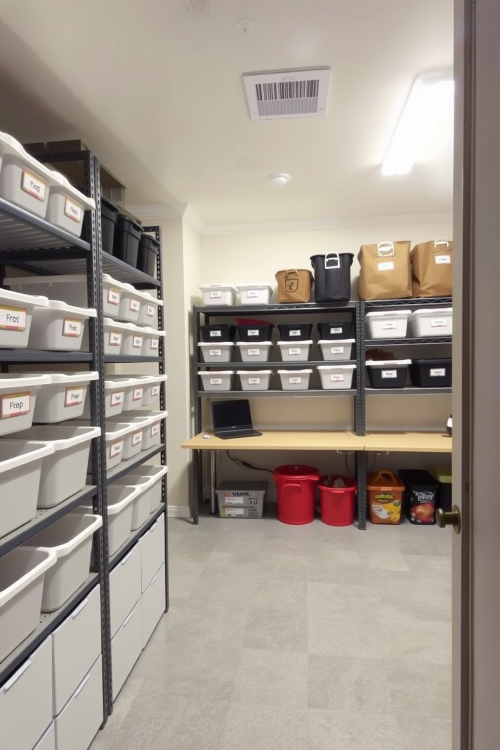 A functional storage room designed for optimal organization features labeled bins in various sizes neatly arranged on sturdy shelving units. The space is illuminated by bright overhead lighting, ensuring easy visibility of all items stored within. The large basement design incorporates a versatile layout with designated areas for storage, a small workspace, and recreational activities. Soft neutral colors on the walls create a welcoming atmosphere, while durable flooring withstands high traffic and potential spills.