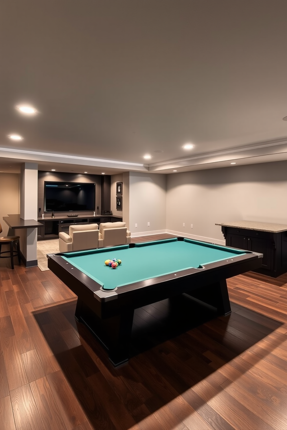 Spacious game room with pool table featuring a sleek modern design. The walls are painted a soft gray while the floor is covered in dark hardwood, creating a cozy atmosphere. Large basement design ideas that include a home theater setup with plush seating. Ambient lighting highlights the entertainment area, and a wet bar is situated in the corner for convenience.