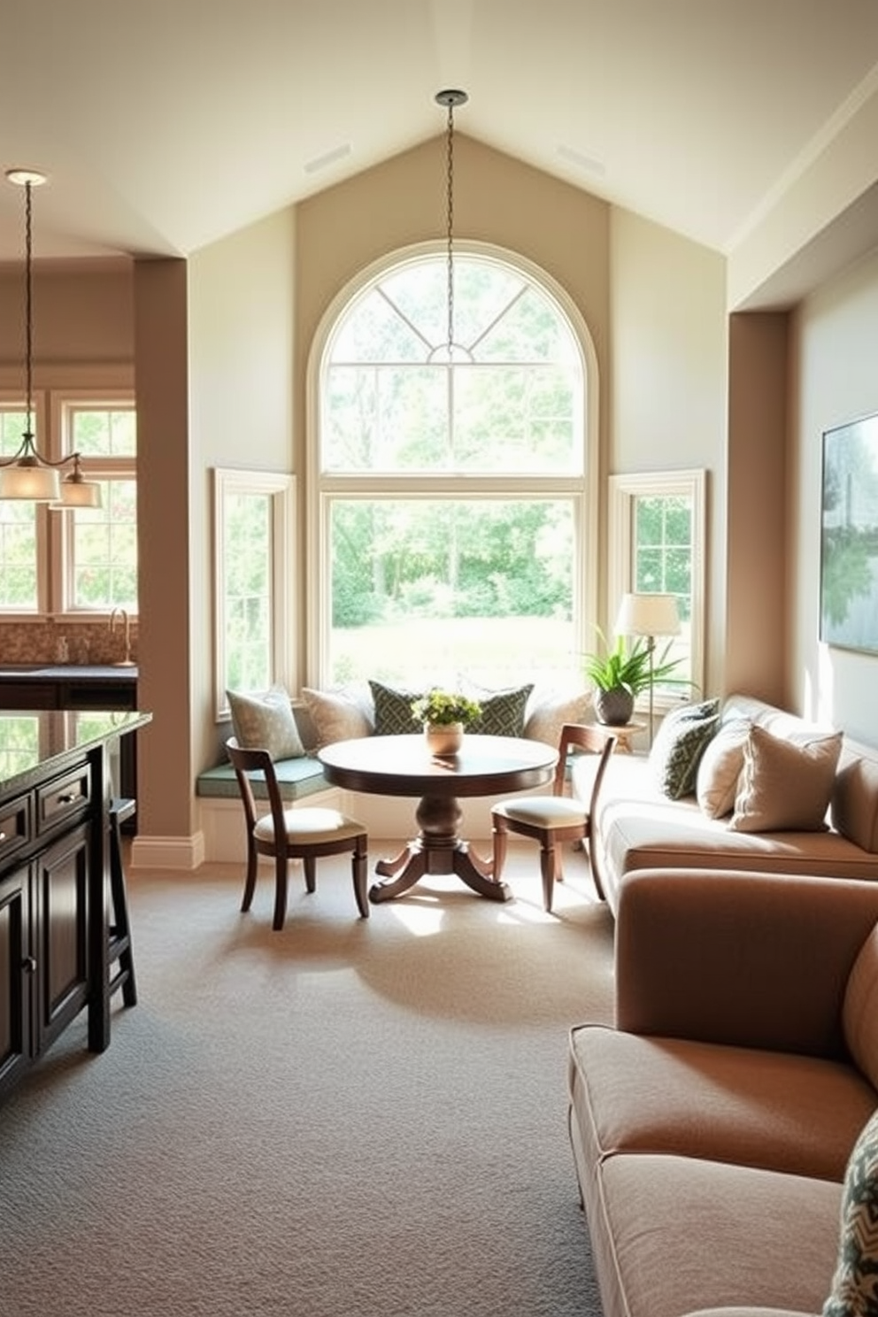 Charming breakfast nook with natural light. A round wooden table surrounded by cushioned chairs sits beneath a large window that floods the space with sunlight. Large basement design ideas. An inviting lounge area features plush sofas and a coffee table, with a wet bar in the corner and soft ambient lighting throughout.