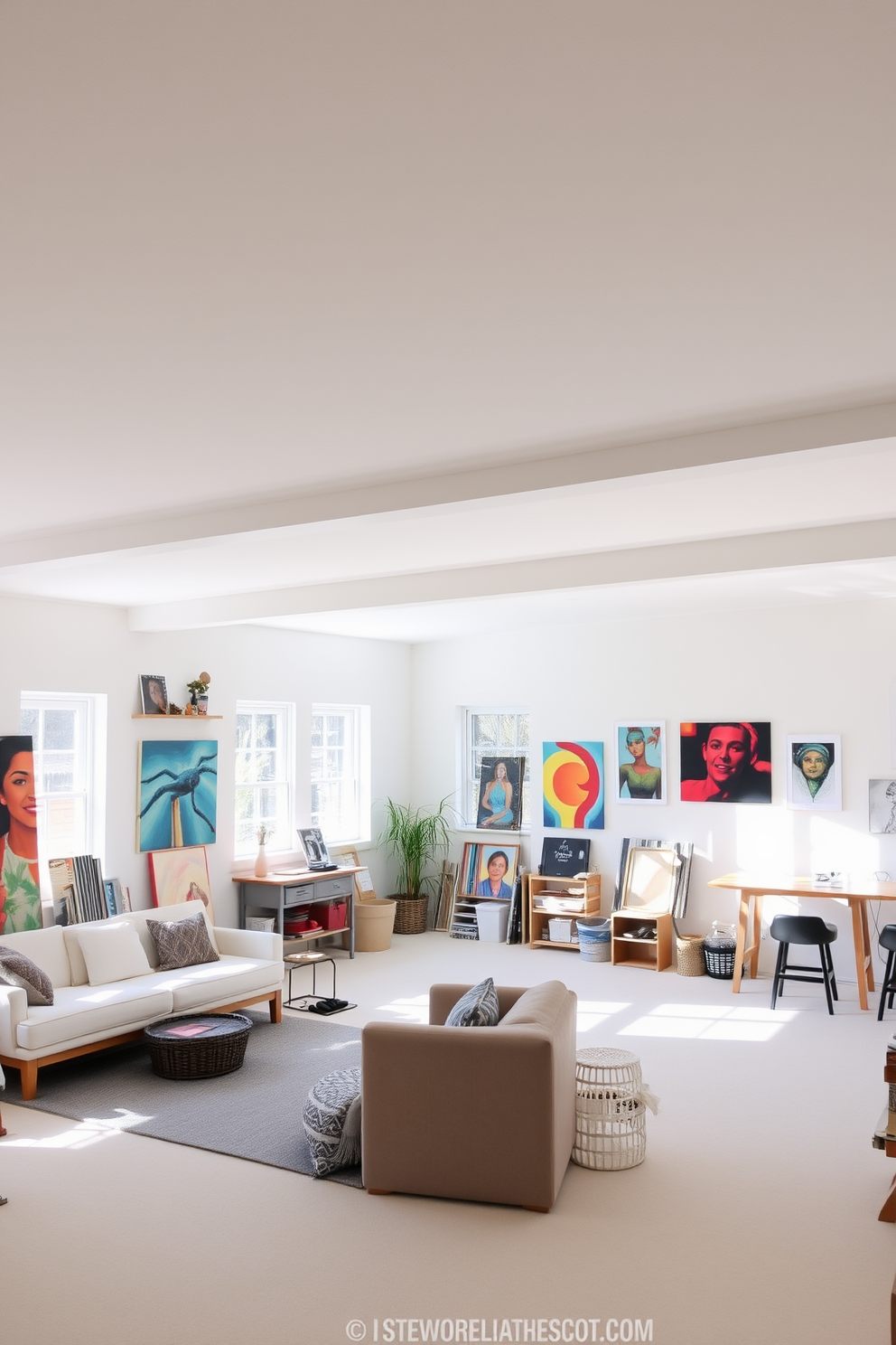 Bright art studio with natural lighting. The walls are painted in a crisp white, allowing the vibrant colors of the artwork to stand out. Large basement design ideas. The space features an open layout with cozy seating areas, a wet bar, and ample storage solutions for art supplies and recreational activities.