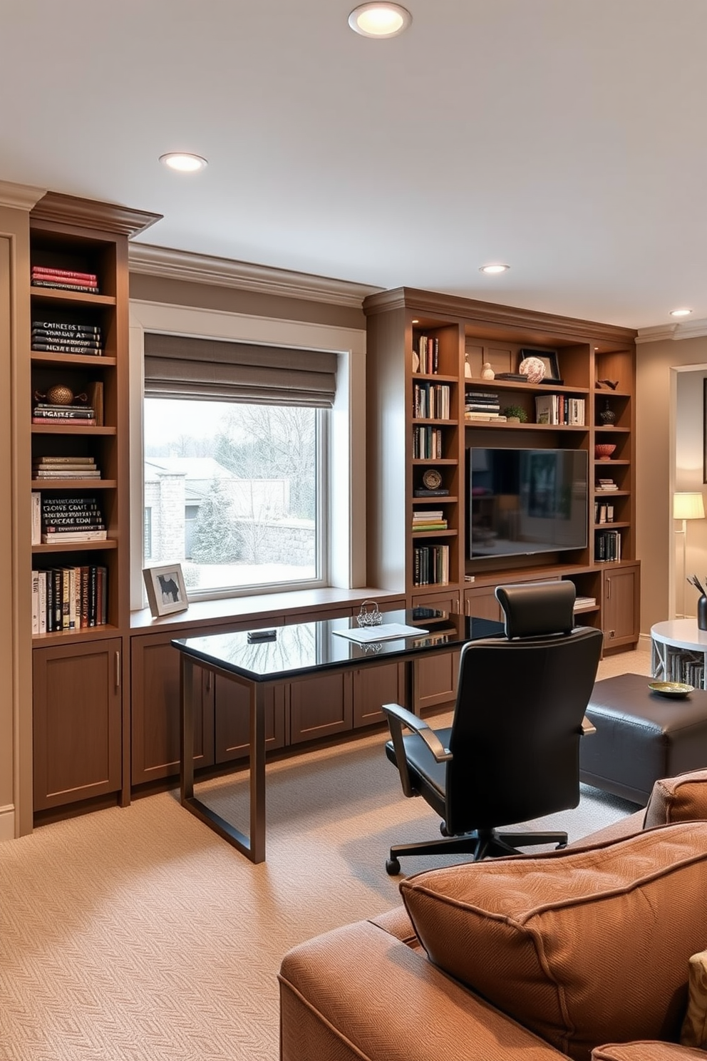 A stylish home office features built-in shelves that line one wall, displaying an array of books and decorative items. A sleek desk sits in front of a large window, allowing natural light to flood the space while a comfortable ergonomic chair completes the setup. The large basement design incorporates a cozy lounge area with plush seating and a modern entertainment center. Soft lighting and warm colors create an inviting atmosphere, while a small kitchenette adds functionality for gatherings.