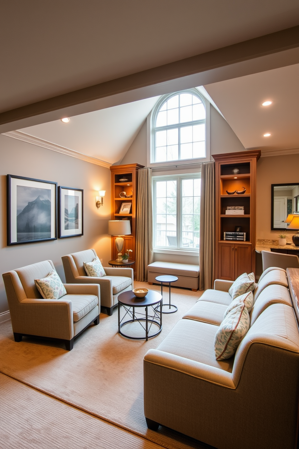 A modern home office with abundant natural light. The space features a sleek wooden desk positioned near a large window, complemented by a comfortable ergonomic chair and minimalist shelving. Innovative basement design ideas that maximize functionality and style. The area includes a cozy lounge with a sectional sofa, a small kitchenette, and a dedicated workspace with built-in cabinets.