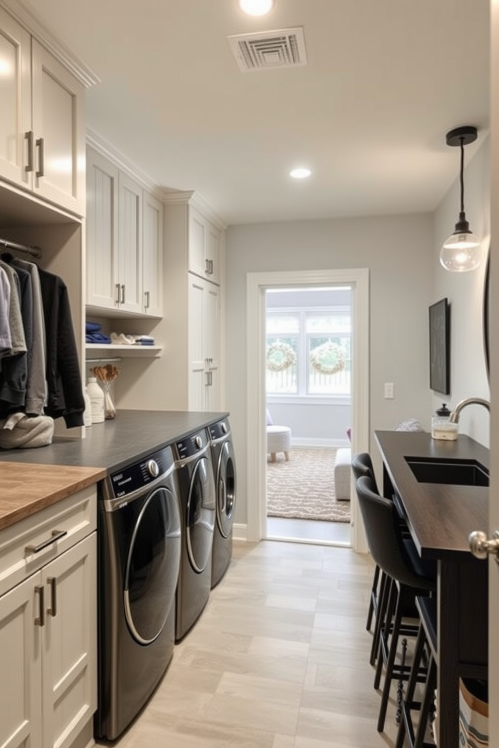 A functional laundry room featuring ample storage solutions. The room includes built-in cabinets, a spacious countertop for folding clothes, and a deep sink for handwashing. Large basement design ideas that maximize space and functionality. The design incorporates a cozy lounge area, a home gym, and a stylish bar, all while maintaining an open and inviting atmosphere.