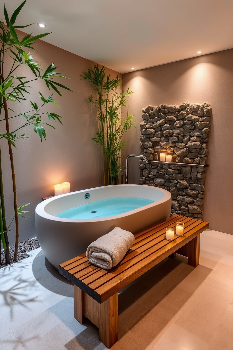 A spa-like retreat featuring natural materials. The space includes a freestanding soaking tub surrounded by bamboo plants and a stone accent wall. Soft lighting illuminates the area, creating a tranquil atmosphere. A wooden bench is placed near the tub, adorned with plush towels and aromatic candles.