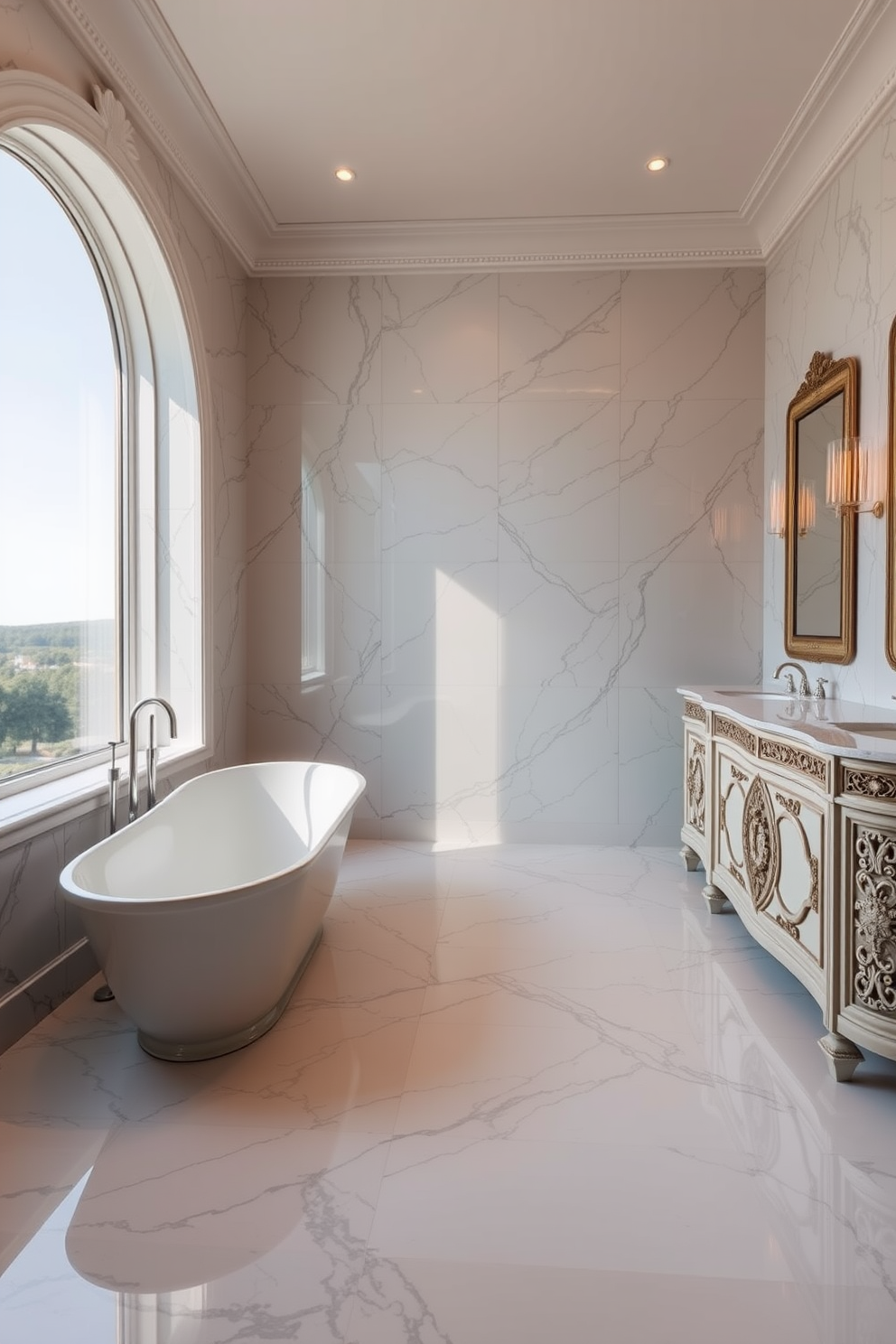 A spacious bathroom featuring luxurious heated floors that provide ultimate comfort. The design includes a freestanding soaking tub positioned under a large window, allowing natural light to fill the space. The walls are adorned with elegant marble tiles, while a stylish double vanity with intricate detailing sits against one wall. Soft, ambient lighting enhances the serene atmosphere, creating a perfect retreat for relaxation.