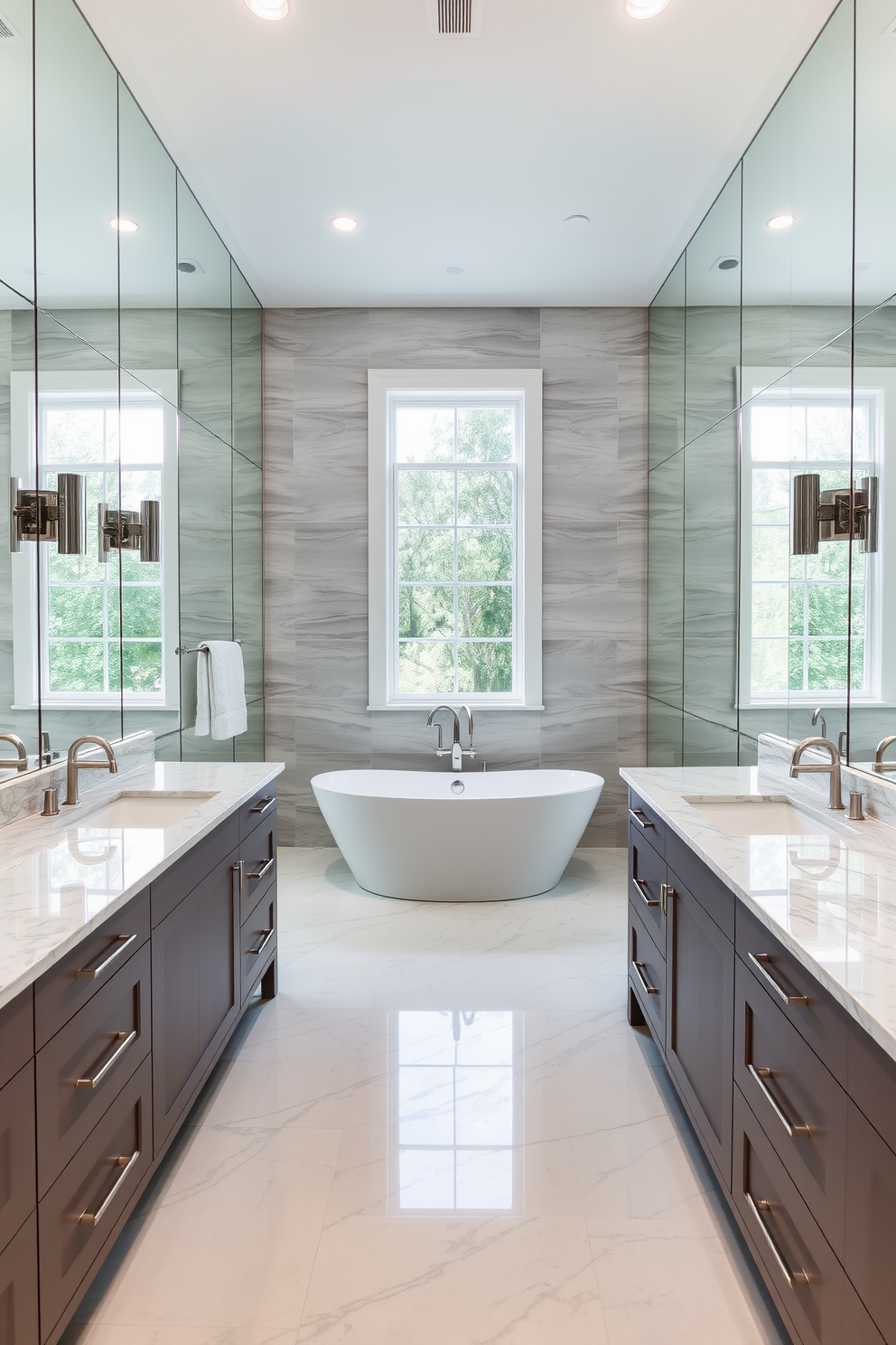 A spacious bathroom featuring open shelving for easy access to toiletries and decorative items. The design includes a freestanding soaking tub positioned near a large window, allowing natural light to illuminate the space. The walls are adorned with soft, neutral tones, creating a calming atmosphere. A sleek double vanity with modern fixtures complements the overall aesthetic, while plush towels are neatly arranged on the open shelves.