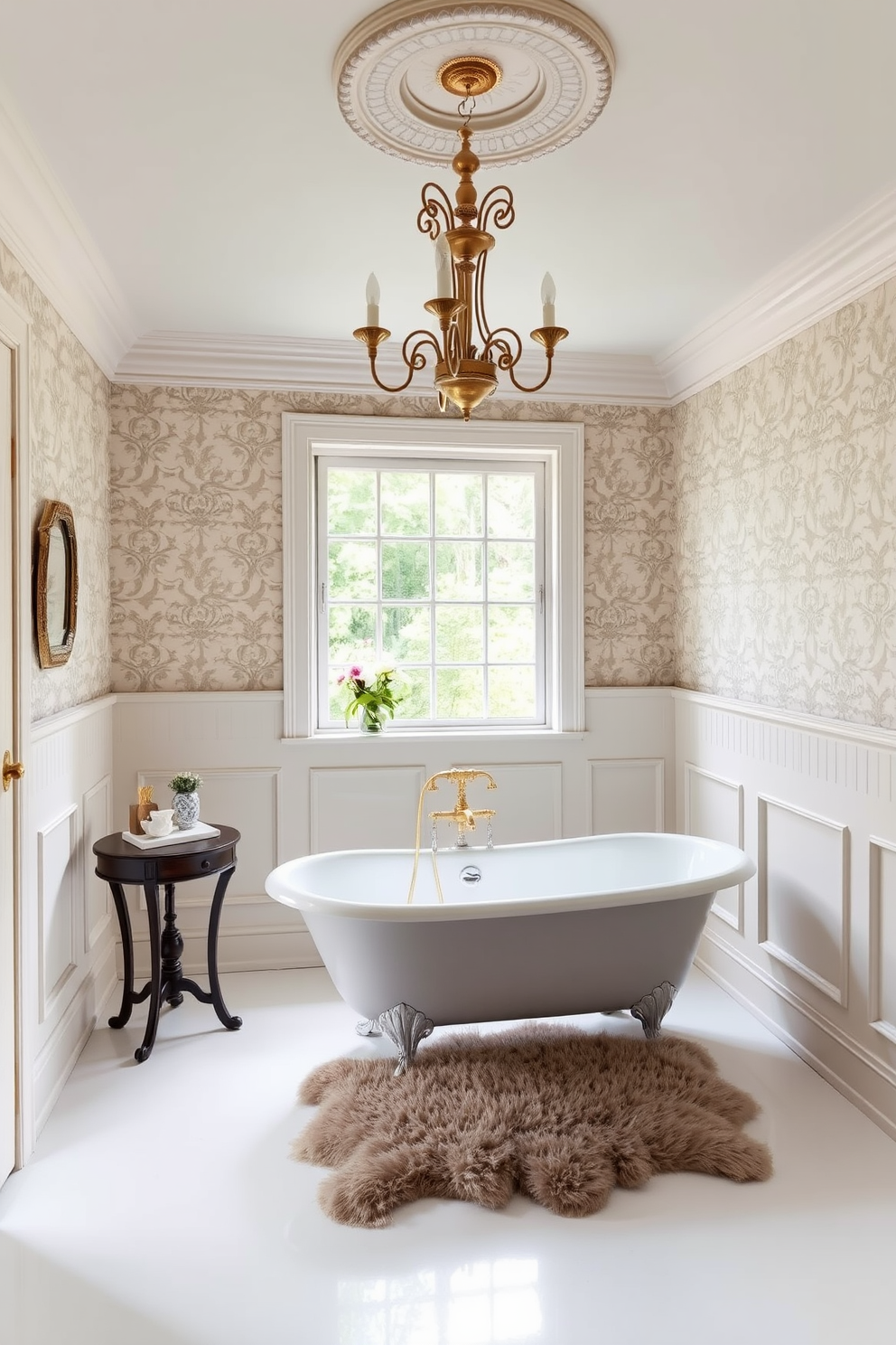 A spacious bathroom featuring vintage accents that evoke a timeless feel. The room includes a freestanding clawfoot bathtub with a polished brass faucet and an ornate chandelier hanging from the ceiling. The walls are adorned with classic wainscoting painted in soft ivory, complemented by a patterned wallpaper in muted pastels. A large window allows natural light to flood the space, highlighting a vintage wooden side table with decorative items and a plush area rug beneath the bathtub.