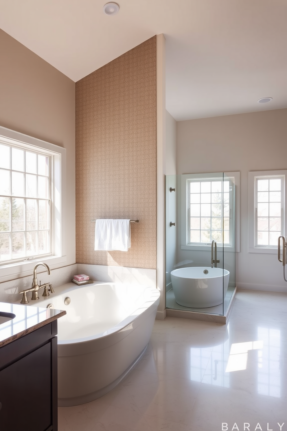 A large area rug is placed in the center of the bathroom, providing warmth and comfort underfoot. The rug features a soft texture and a neutral color palette that complements the overall design. The bathroom is spacious and elegantly designed, featuring a freestanding soaking tub as the focal point. Large windows allow natural light to flood the space, highlighting the luxurious finishes and fixtures throughout.