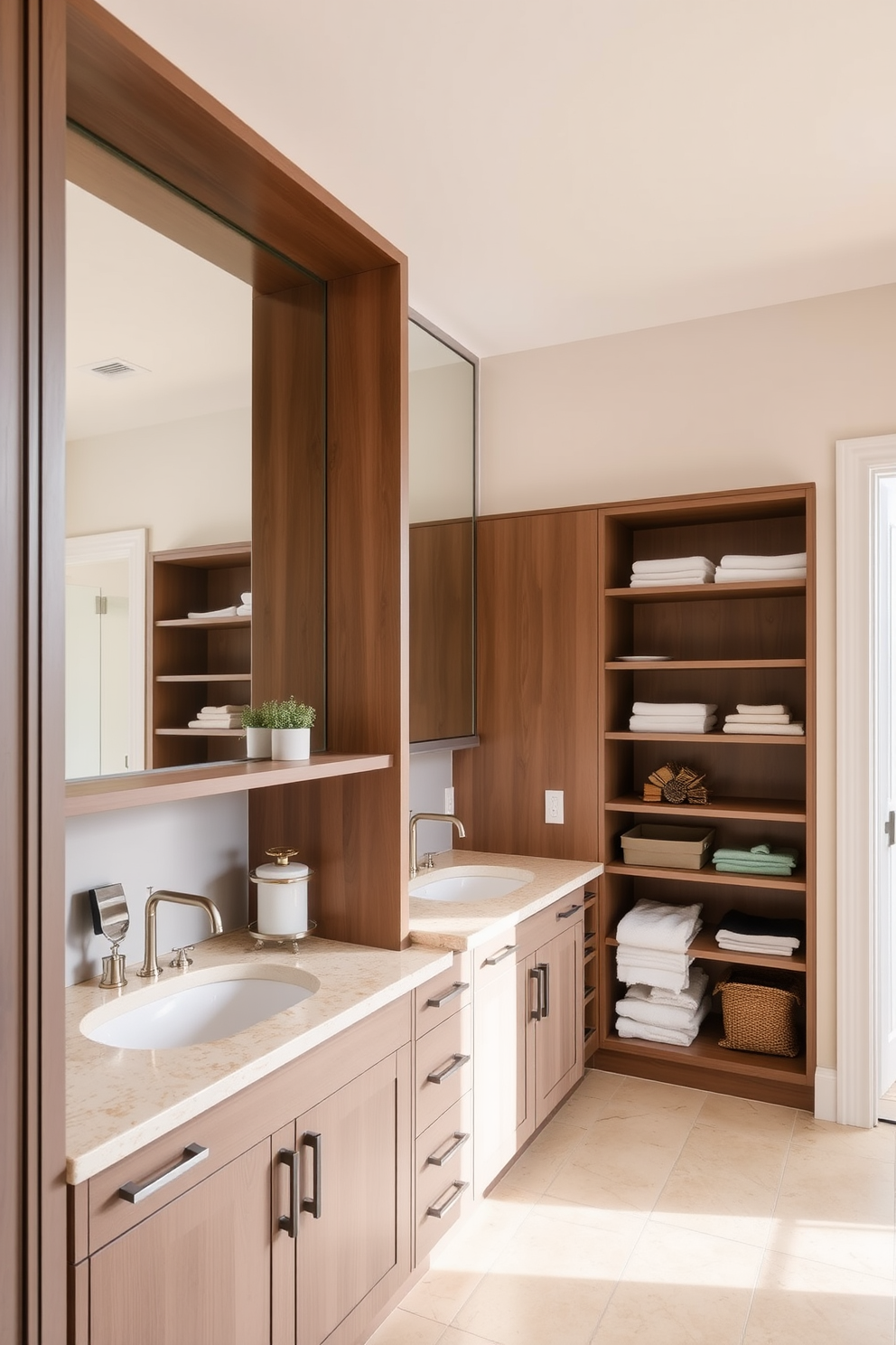 A spacious bathroom featuring functional storage solutions under the sinks. The cabinetry is designed with sleek lines and a combination of open and closed shelving to maximize both style and utility. The color palette consists of soft neutrals and warm tones to create an inviting atmosphere. Large mirrors above the sinks reflect natural light, enhancing the overall brightness of the space.