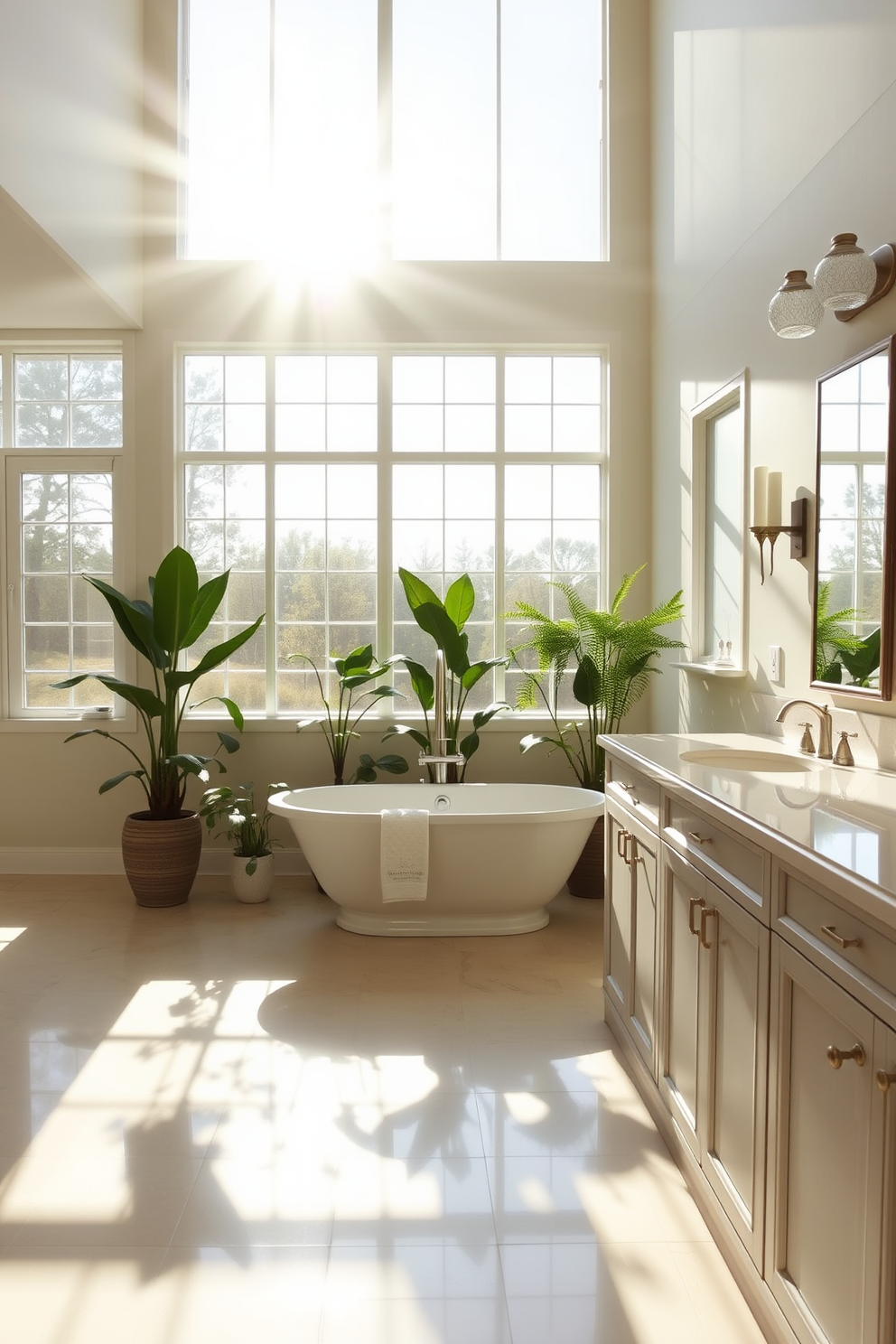 A spacious bathroom bathed in natural light streaming through oversized windows. The room features a freestanding soaking tub positioned near the windows, surrounded by potted plants for a serene atmosphere. The walls are adorned with soft, neutral tones that enhance the brightness of the space. A double vanity with elegant fixtures and ample storage complements the overall design, creating a perfect blend of functionality and style.