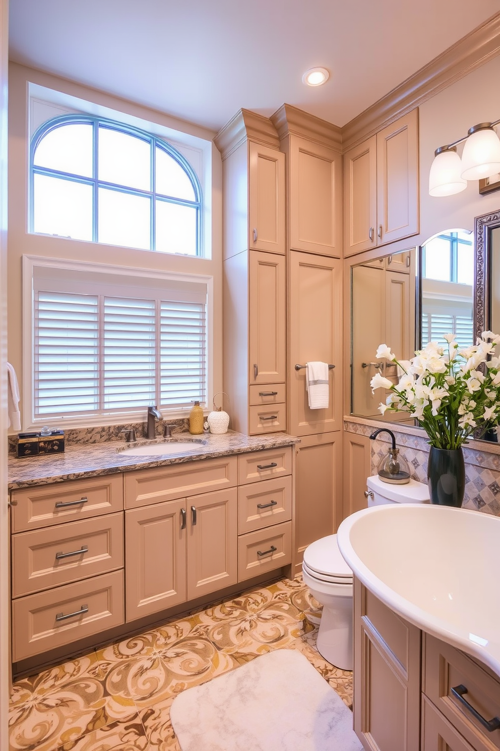 A spacious bathroom featuring frameless glass shower doors that enhance the sense of openness. The design includes a freestanding soaking tub positioned beneath a large window, allowing natural light to flood the space. The walls are adorned with large-format tiles in a soft neutral tone, creating a serene atmosphere. A double vanity with sleek, modern fixtures complements the overall aesthetic, while stylish pendant lights provide warm illumination.