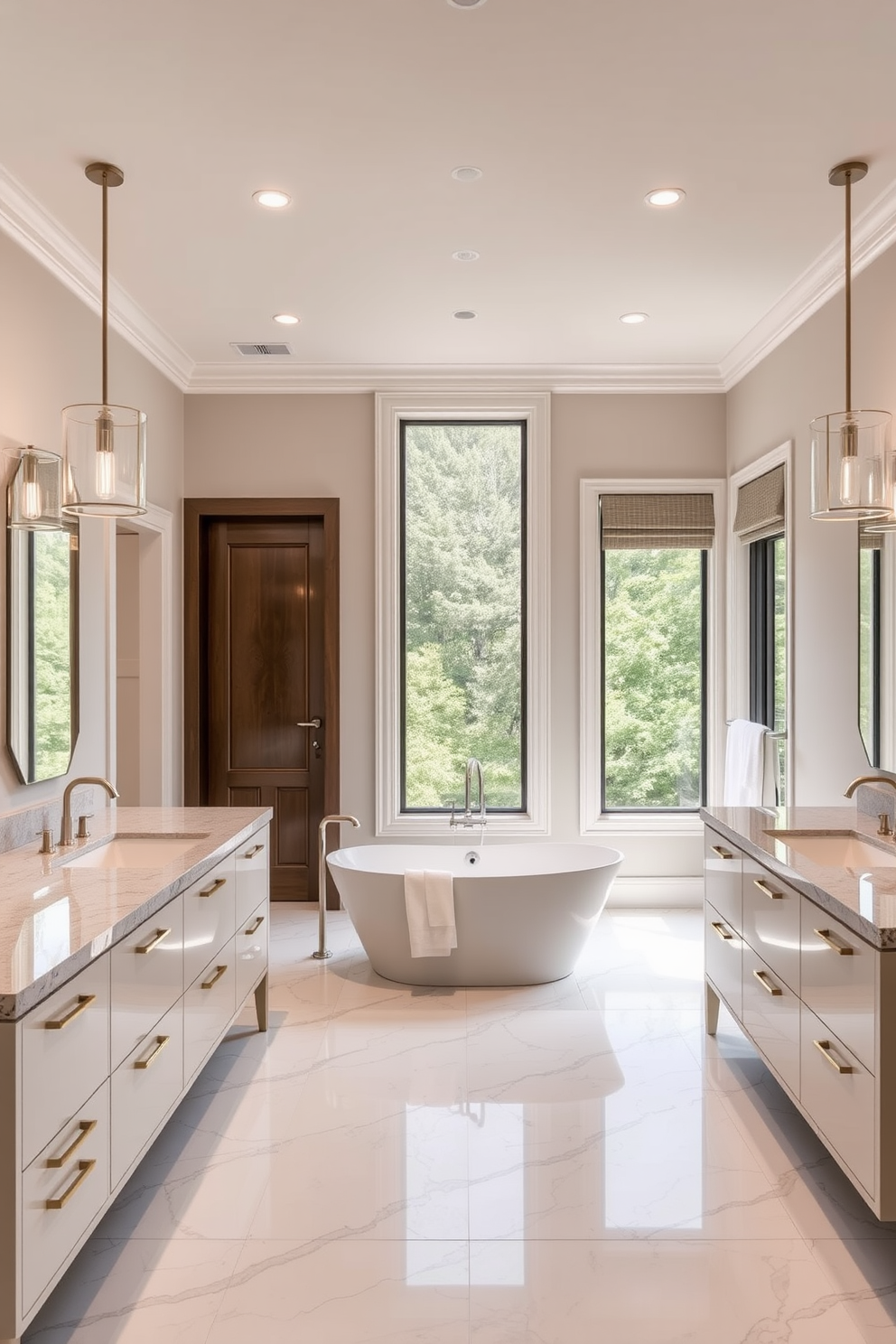 Textured wallpaper adds depth and character to a spacious bathroom. The design features a blend of neutral tones with subtle patterns that enhance the overall aesthetic. The large bathroom showcases a freestanding soaking tub positioned beneath a large window. Complementing the tub, there are elegant fixtures and a stylish chandelier that elevate the space.