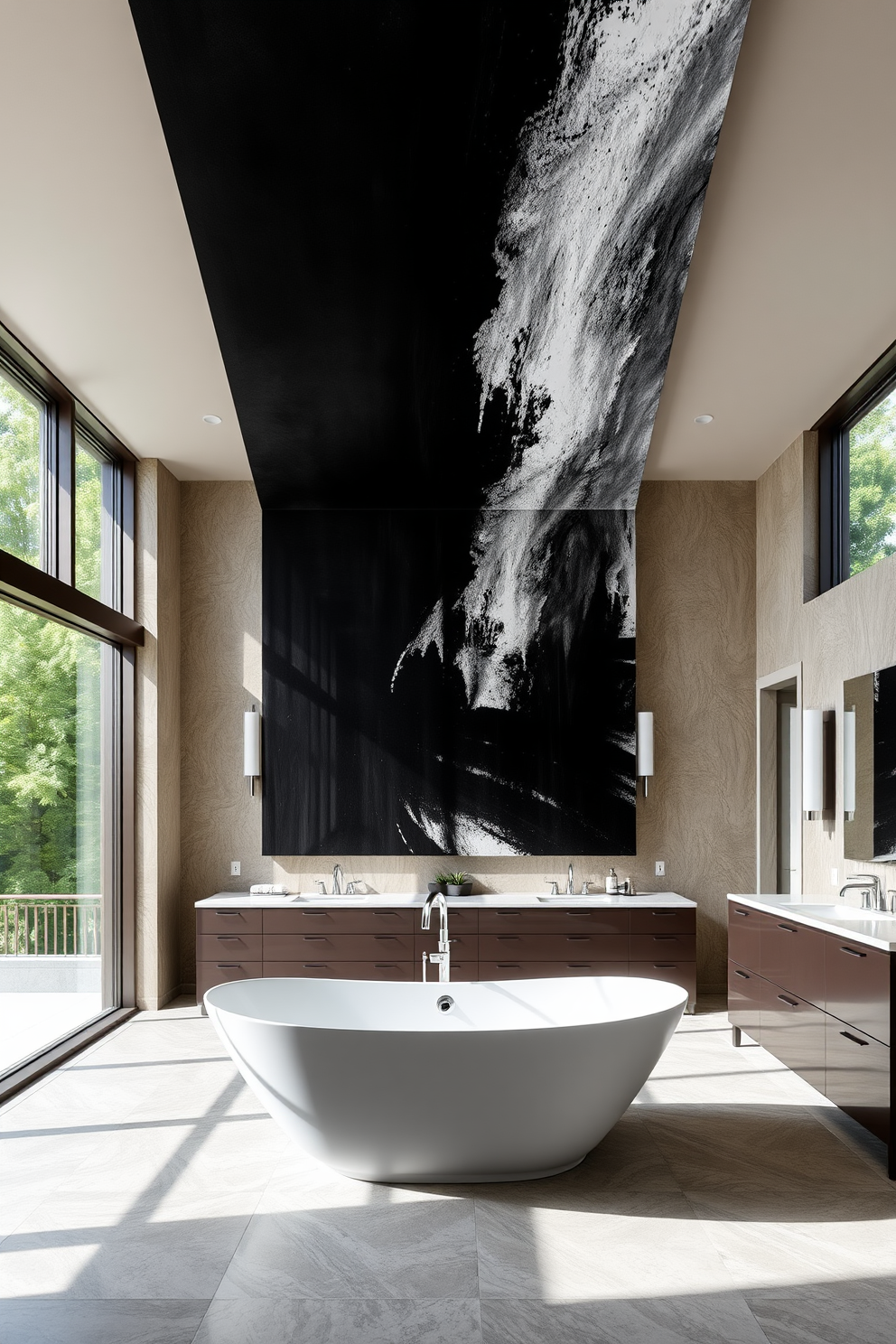 A spacious bathroom featuring a gallery wall adorned with various pieces of art, including abstract paintings and framed photographs. The artwork adds a personal touch, creating an inviting atmosphere that reflects individual style. The bathroom layout includes a freestanding soaking tub positioned under a large window, allowing natural light to flood the space. Elegant pendant lights hang from the ceiling, illuminating the room while enhancing the overall luxury of the design.