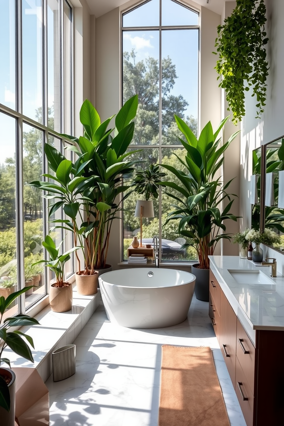 A spacious bathroom featuring integrated lighting within the mirrors creates a modern and inviting atmosphere. The design includes a freestanding soaking tub positioned under a large window, allowing natural light to flood the space. The walls are adorned with elegant tile work that complements the overall aesthetic. A double vanity with sleek cabinetry and ample storage is situated opposite the tub, enhancing functionality without sacrificing style.