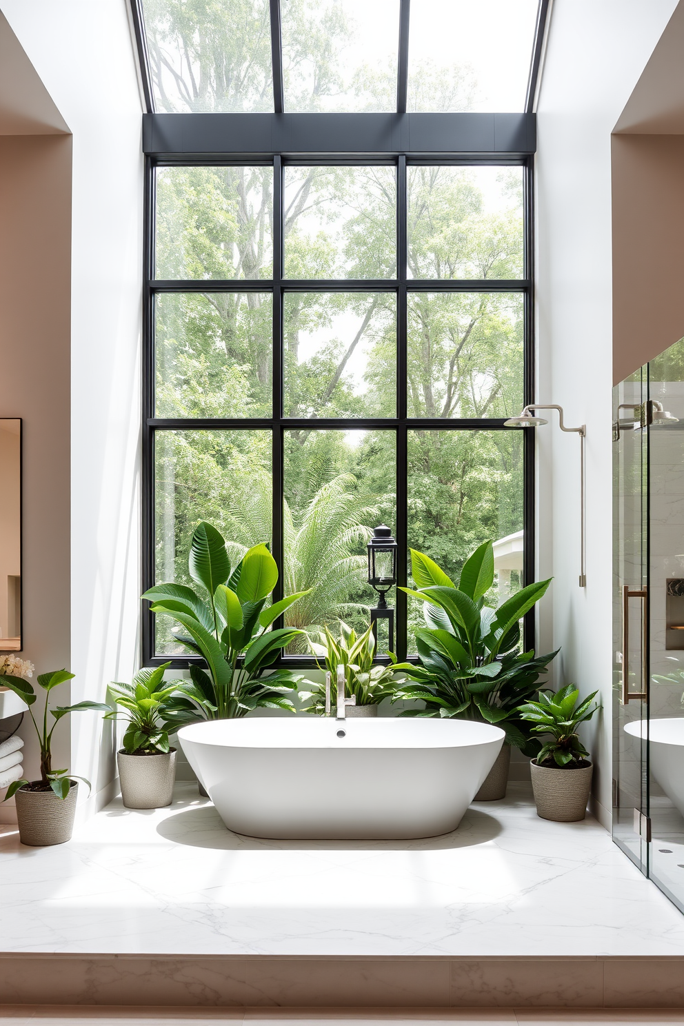 A large bathroom features a freestanding soaking tub as the centerpiece, elegantly positioned beneath a large window that allows natural light to flood the space. Surrounding the tub are lush green plants that bring a touch of nature indoors, creating a serene and relaxing atmosphere. The walls are adorned with soft, neutral tones, complemented by luxurious marble accents that enhance the overall sophistication of the design. A spacious walk-in shower with glass doors and modern fixtures adds functionality while maintaining an open and airy feel.