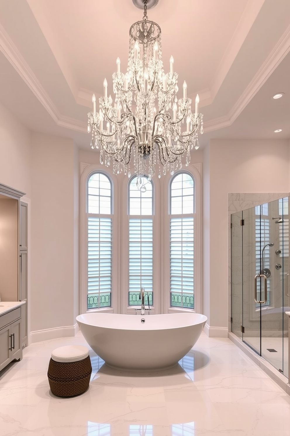 A large bathroom with marble countertops exuding luxury and elegance. The space features a freestanding soaking tub placed near a large window with natural light flooding in. Sleek cabinetry complements the marble, while a spacious walk-in shower with glass doors adds modern appeal. Stylish fixtures in polished chrome enhance the overall sophisticated aesthetic.