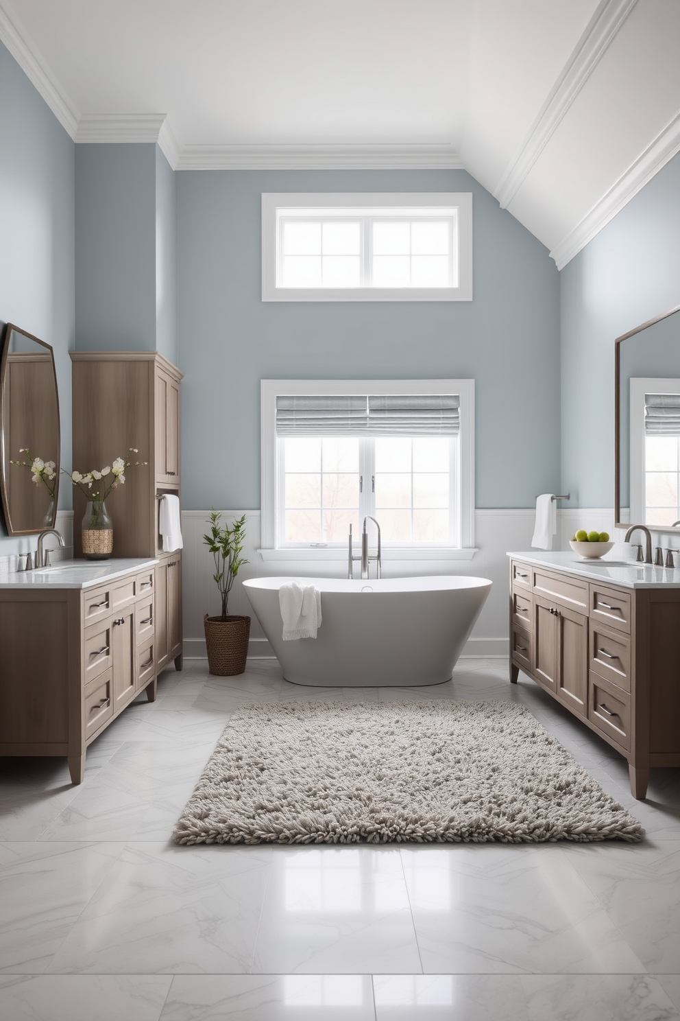 A spacious bathroom featuring a large freestanding bathtub positioned near a window that allows natural light to flood the space. The floor is adorned with a plush textured rug that adds warmth and softness, complementing the elegant tiles. The walls are painted in a serene light blue hue, creating a calming atmosphere. A stylish double vanity with ample storage space and modern fixtures enhances the functionality and aesthetic appeal of the room.