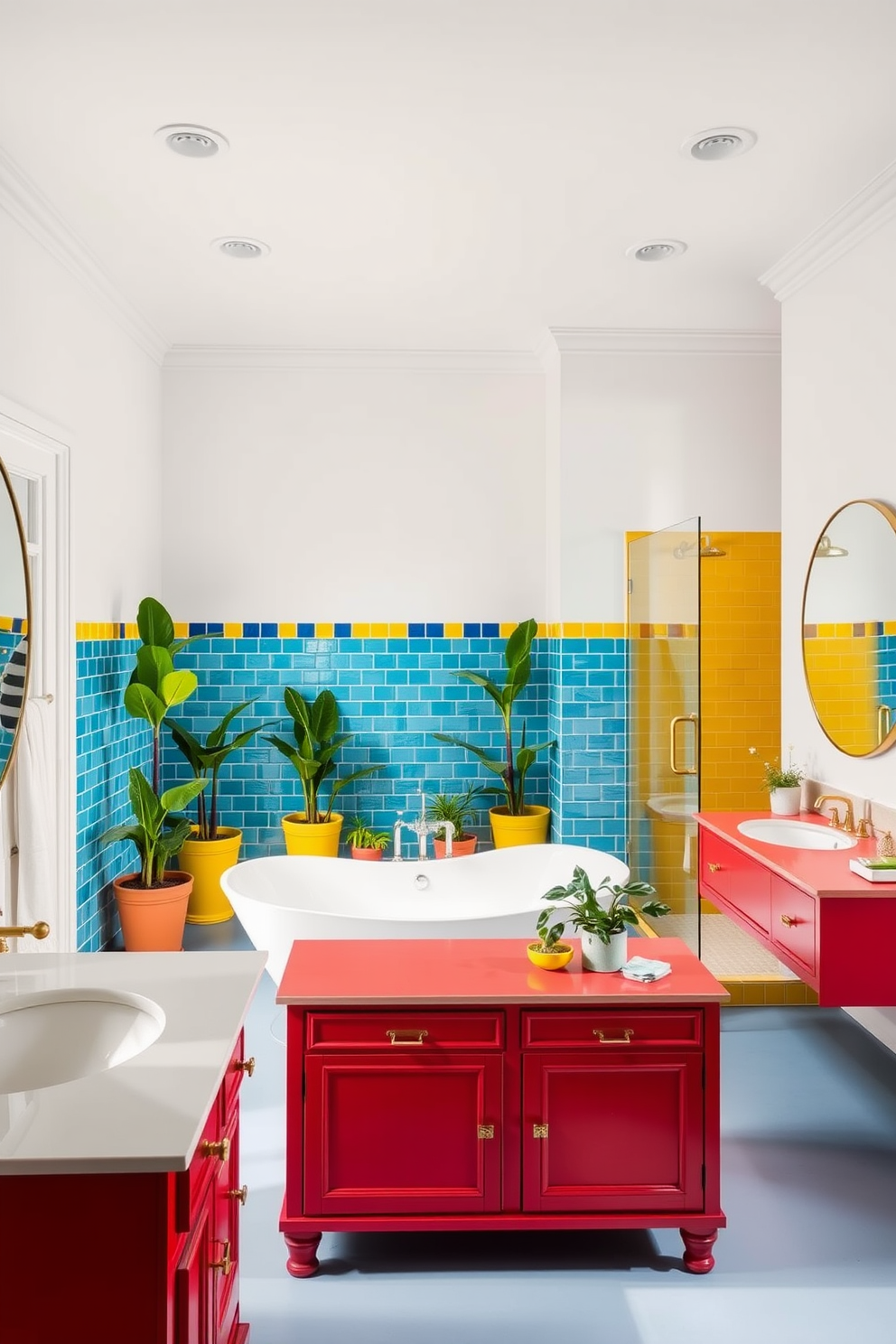 A large bathroom with colorful accents that create a playful contrast. The walls are painted in a soft white, while vibrant tiles in shades of blue and yellow are used in the shower area. A freestanding bathtub is centered in the room, surrounded by bright potted plants. The vanity features a bold red finish with gold fixtures, and a large round mirror reflects the lively colors throughout the space.