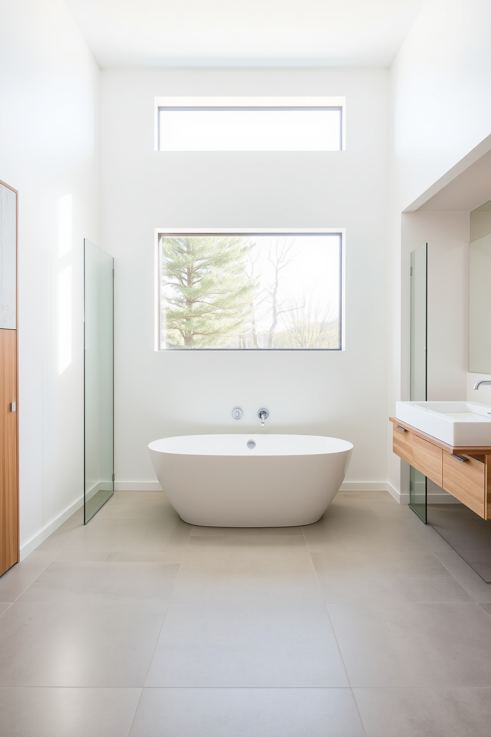 A spacious bathroom featuring contemporary fixtures with sleek lines and a minimalist aesthetic. The room is adorned with a freestanding soaking tub positioned under a large window, allowing natural light to flood the space. The vanity is designed with a floating structure, showcasing a double sink with modern faucets and ample storage underneath. The walls are painted in a soft gray, complemented by large-format tiles in a neutral tone that extend across the floor.