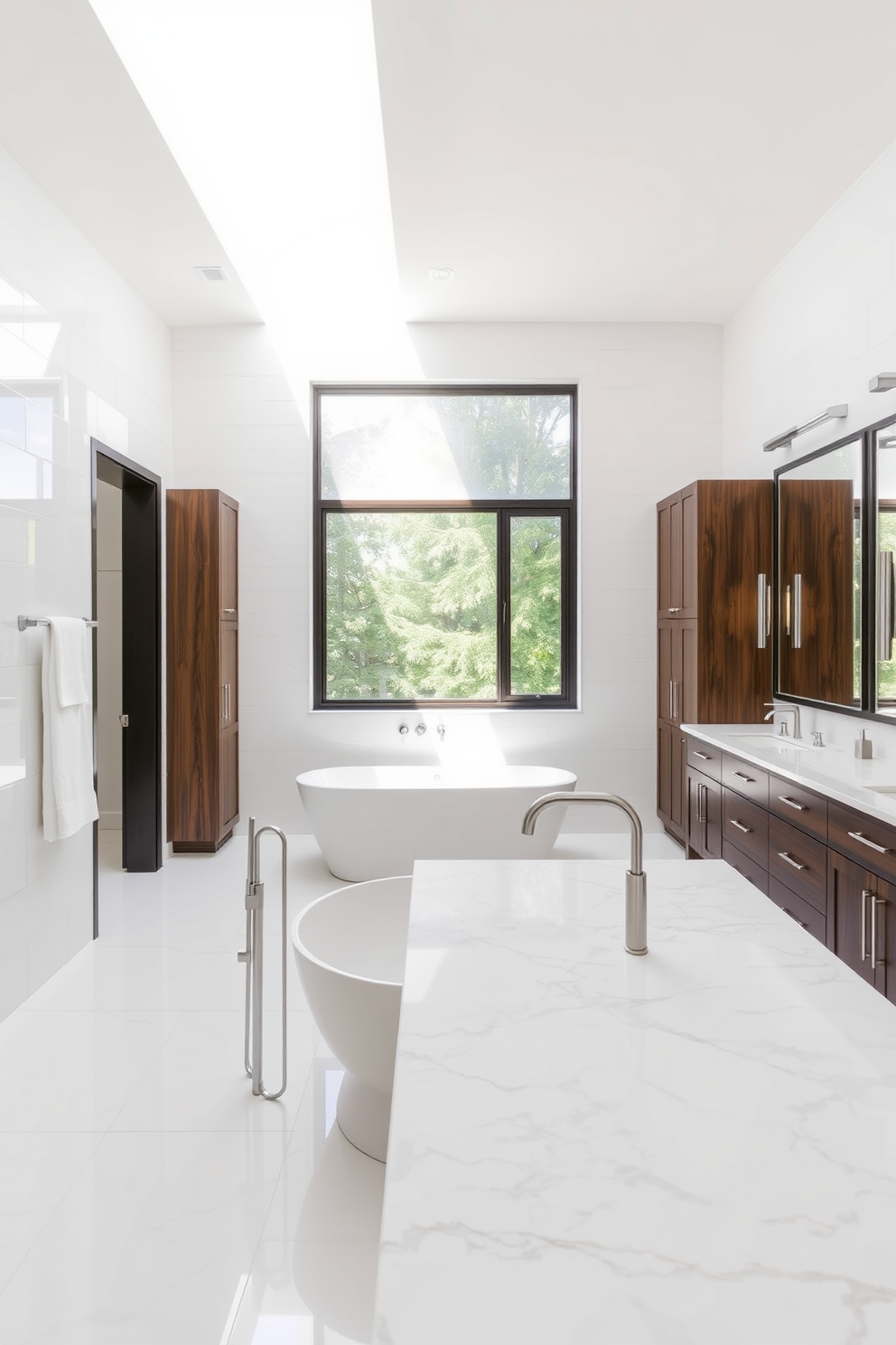 A spacious bathroom featuring wall-mounted faucets that enhance the modern aesthetic. The design includes a freestanding soaking tub positioned near a large window allowing natural light to flood the space. The walls are adorned with sleek, white tiles that create a clean and airy atmosphere. A large double vanity with a dark wood finish complements the contemporary style, topped with a stunning quartz countertop.