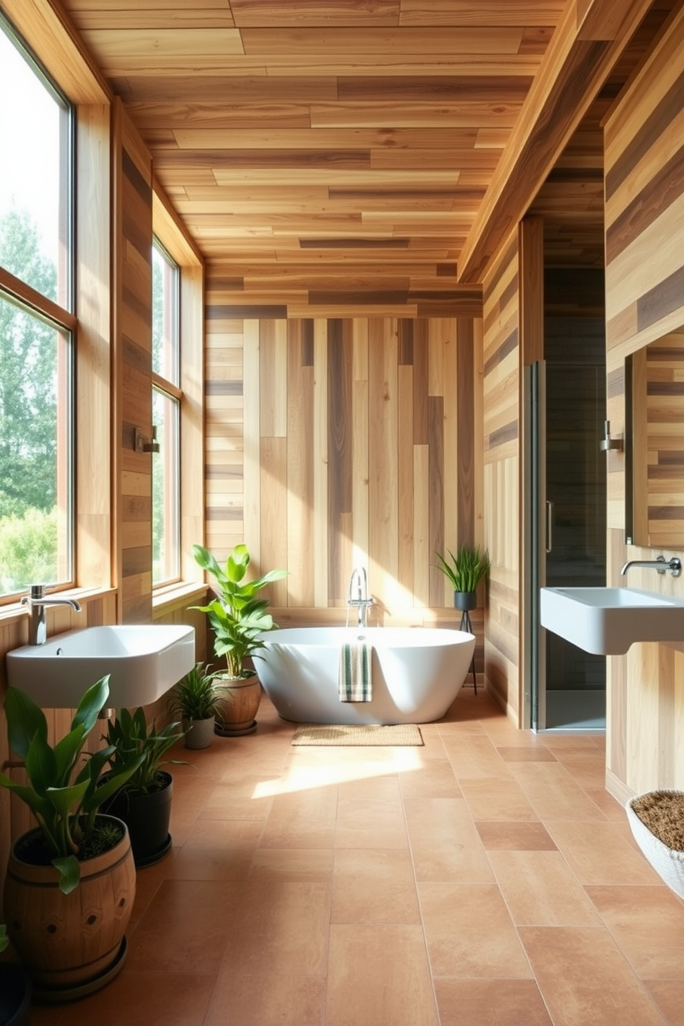 A spacious bathroom featuring reclaimed wood accents that add rustic charm. The walls are adorned with natural wood paneling, and the floor is a warm, earthy tile that complements the wooden elements. A freestanding soaking tub sits in the center, surrounded by potted plants that bring a touch of nature indoors. A large window allows ample natural light to flood the space, enhancing the inviting atmosphere.