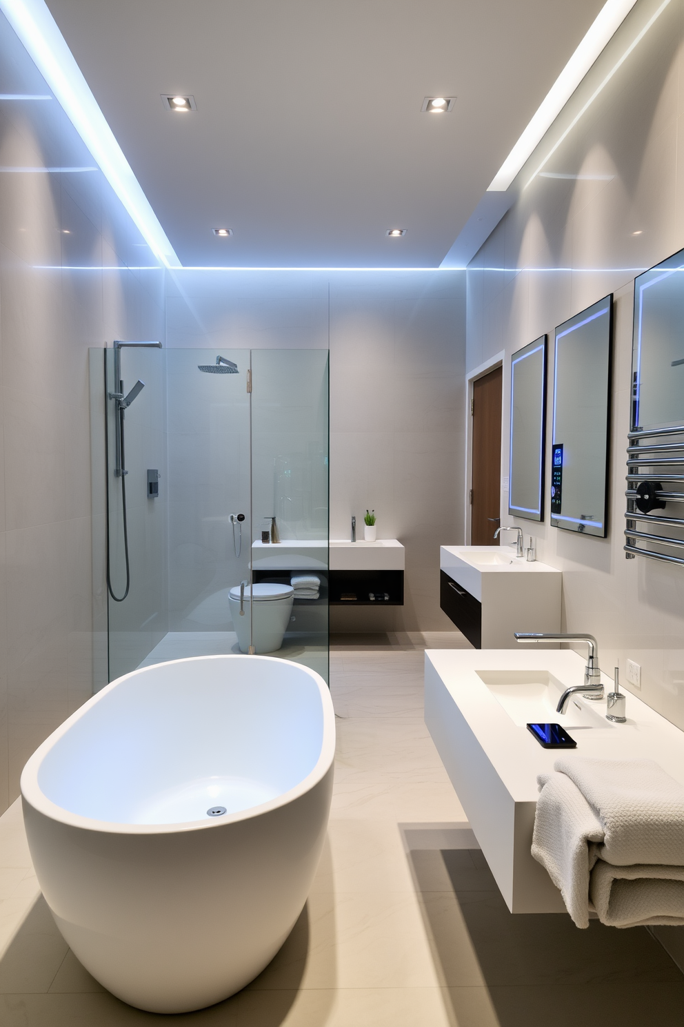 A large bathroom featuring smart technology for modern convenience. The space includes a freestanding soaking tub with built-in speakers and mood lighting, alongside a spacious walk-in shower equipped with a digital control panel. The walls are adorned with sleek, high-gloss tiles in a calming neutral tone. A floating vanity with integrated smart mirrors reflects the contemporary design, while a heated towel rack adds a touch of luxury.