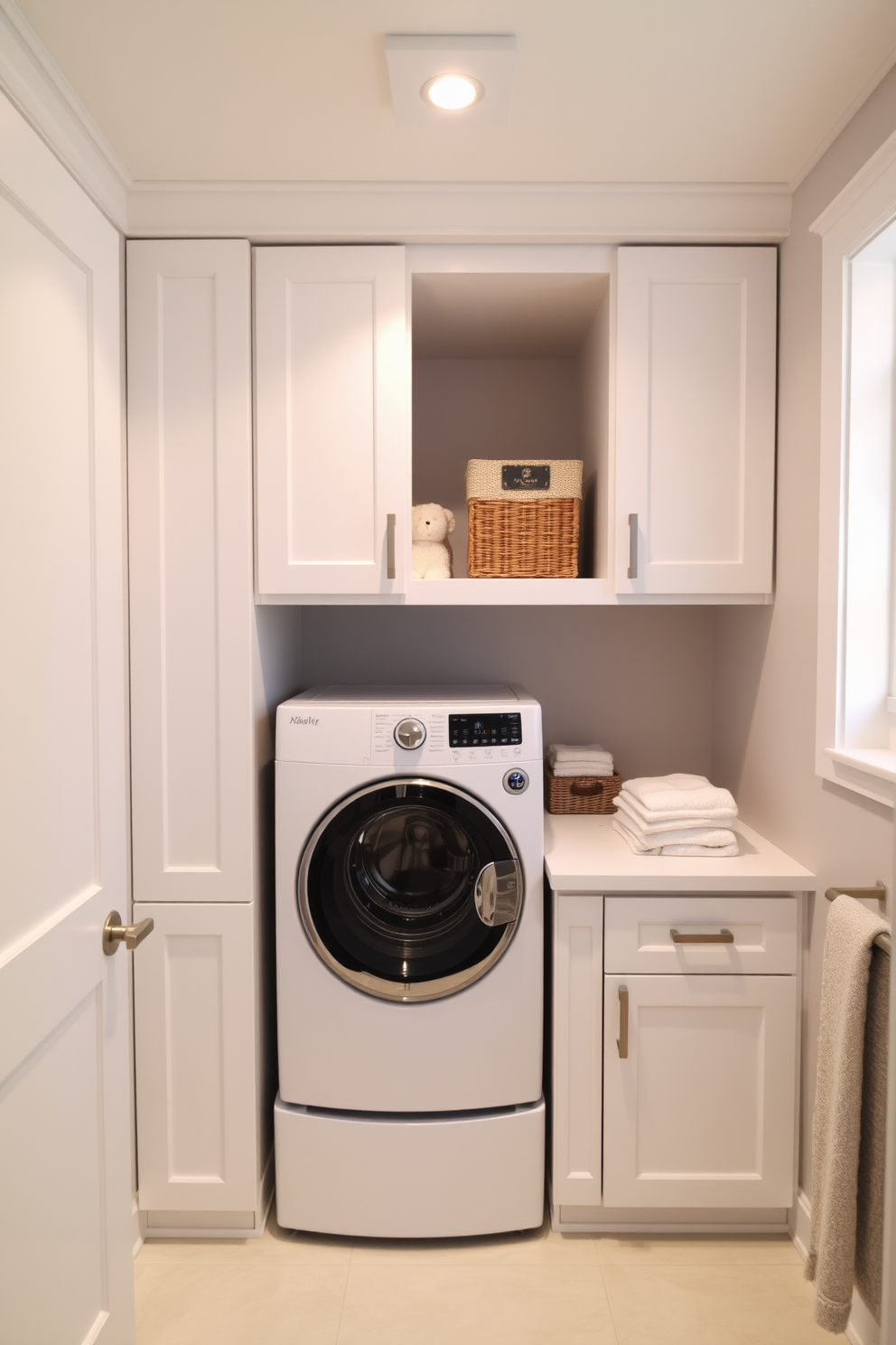 A stylish laundry nook is seamlessly integrated into the bathroom, featuring a compact washer and dryer stacked beneath a sleek countertop. The cabinetry is finished in a soft white, providing ample storage for laundry essentials while maintaining a clean aesthetic. The design includes a well-placed folding station with decorative baskets for organization. Soft lighting illuminates the space, enhancing the modern feel while complementing the overall bathroom design.