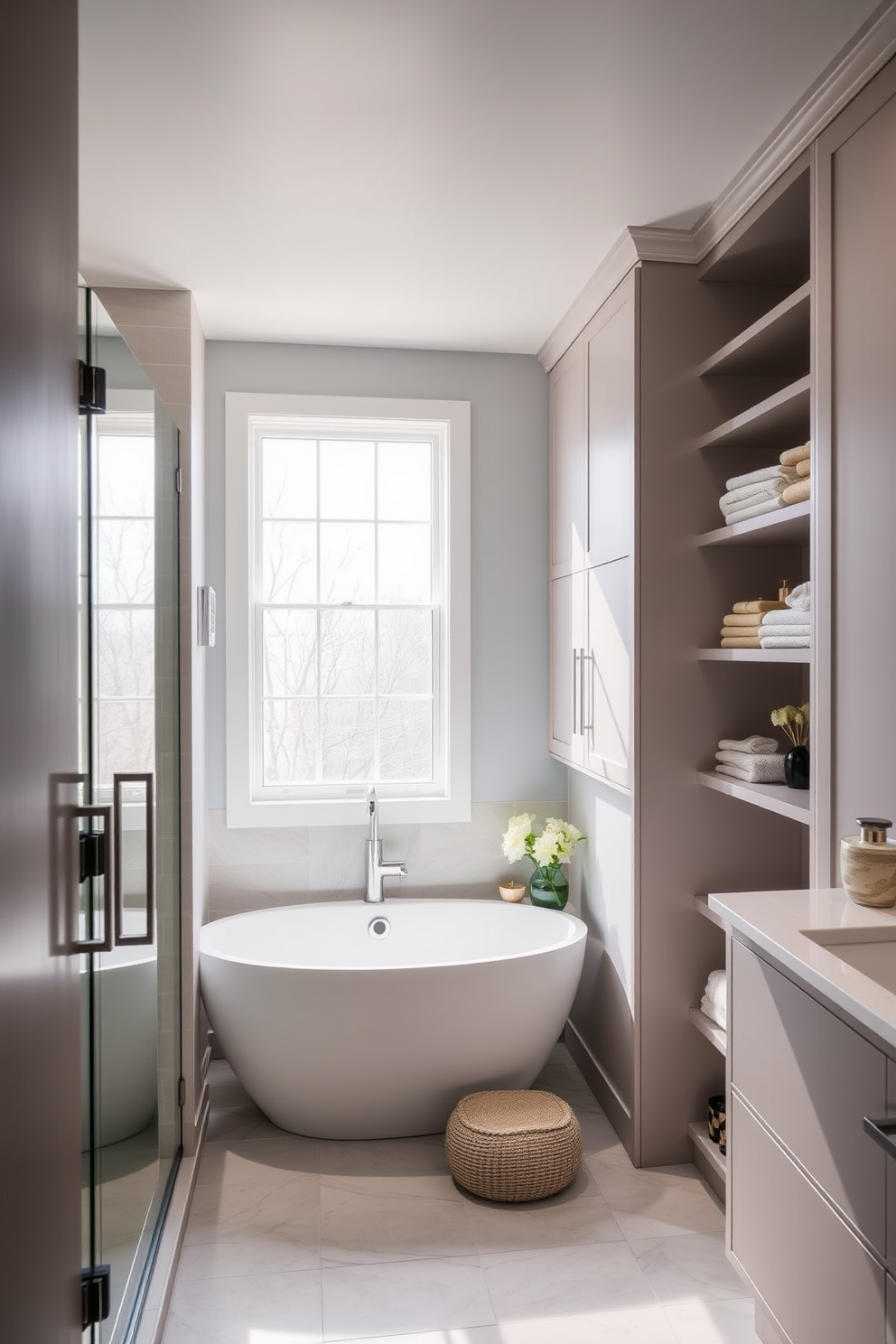 A spacious bathroom featuring a minimalist design that emphasizes clean lines and a clutter-free environment. The walls are painted in a soft white hue, and the floor is adorned with light gray tiles, creating a serene atmosphere. A freestanding bathtub sits elegantly in the center, complemented by a sleek, modern faucet. Large windows allow natural light to flood the space, enhancing the feeling of openness and tranquility.