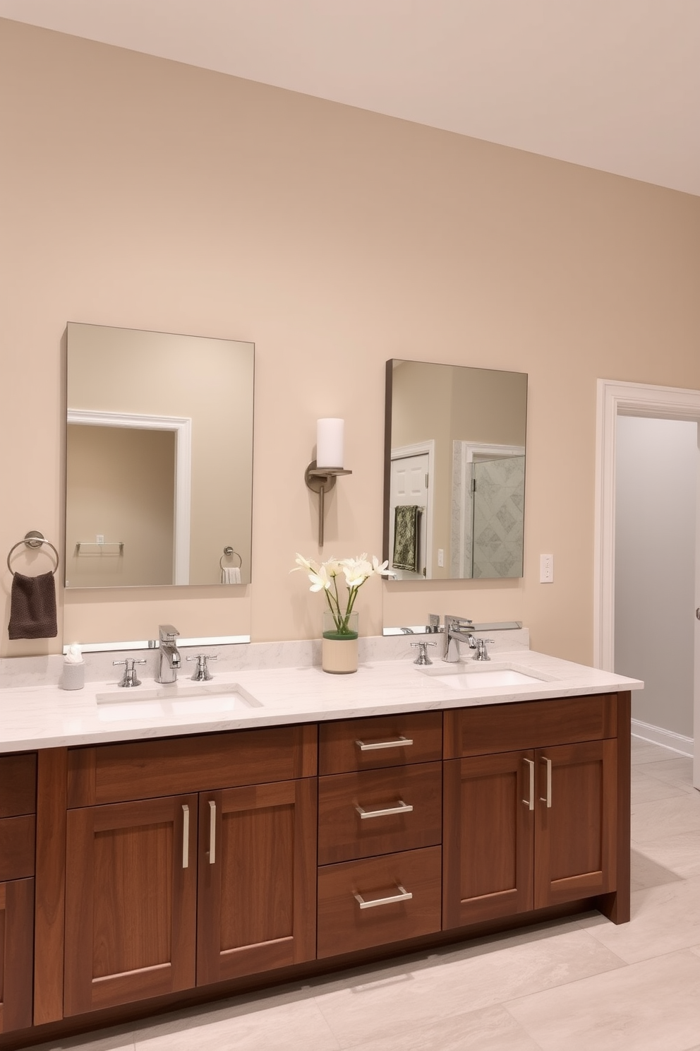 A spacious bathroom featuring a walk-in shower with a sleek glass enclosure. The shower area is accented with elegant tiles and a rainfall showerhead, creating a luxurious experience. The design includes a freestanding soaking tub positioned near a large window, allowing natural light to flood the space. Soft, neutral colors dominate the walls and fixtures, enhancing the overall tranquility of the room.