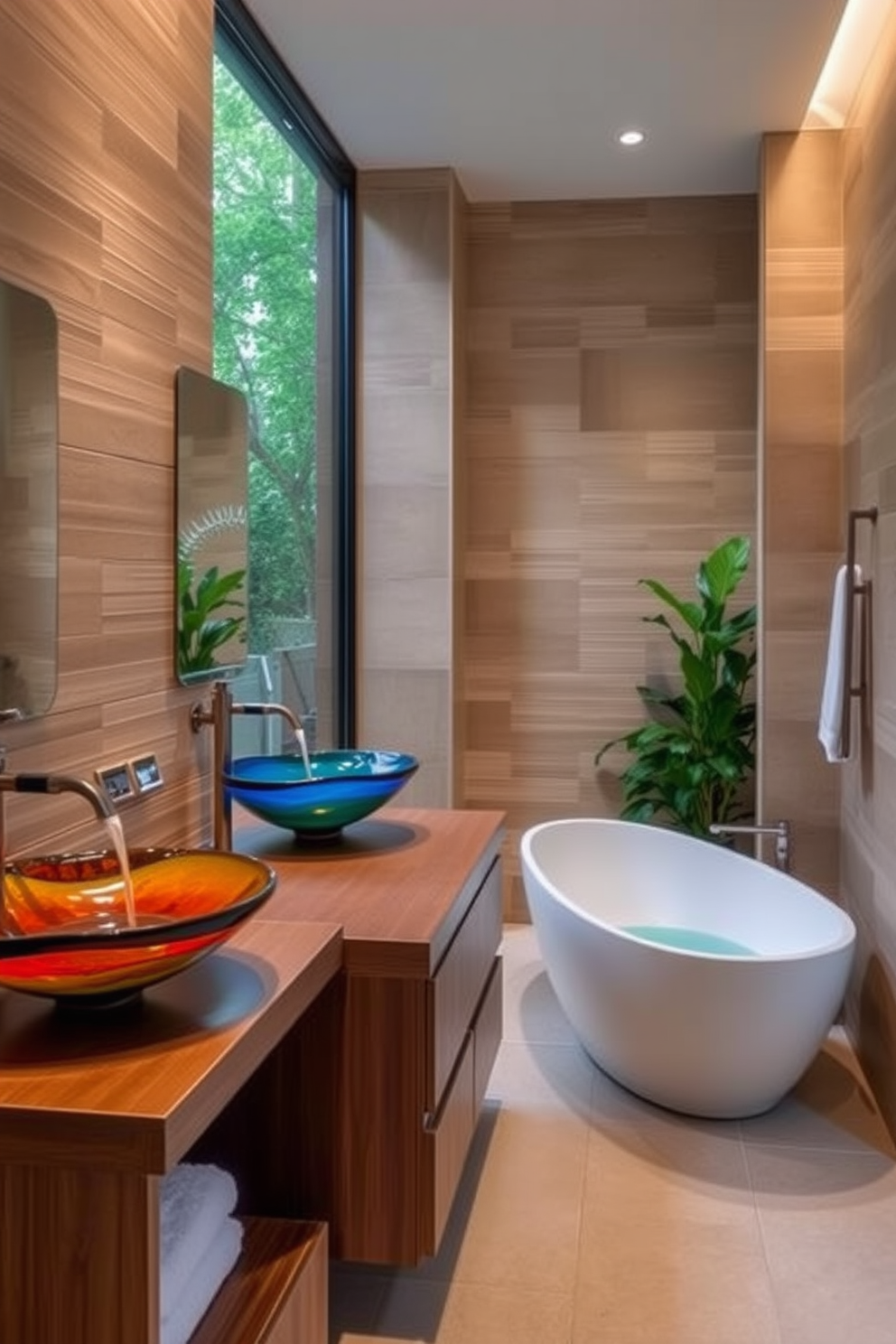 A spacious bathroom featuring smart technology seamlessly integrated into the design. The room includes a sleek shower with a digital control panel and a freestanding soaking tub with built-in speakers. The walls are adorned with large format tiles in a soft gray hue, creating an elegant backdrop. A floating vanity with touchless faucets and ambient lighting enhances the modern aesthetic while maximizing functionality.