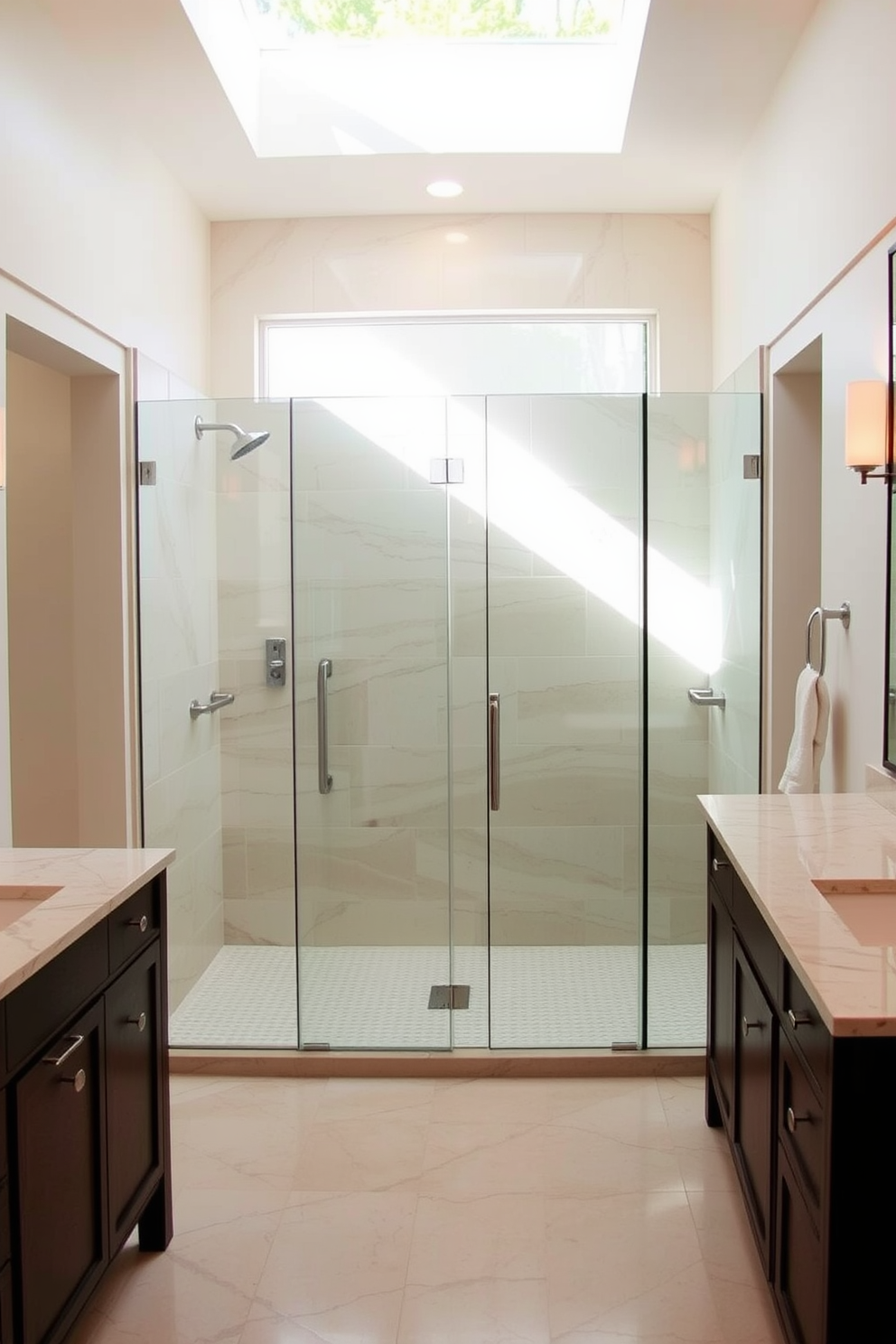 A large walk-in shower features a sleek glass enclosure that allows natural light to flood the space. The shower is adorned with elegant tiles in a soft neutral tone, complemented by a rainfall showerhead for a luxurious experience. The bathroom is designed with ample storage, including a stylish double vanity with polished stone countertops. Soft lighting fixtures create a warm ambiance, enhancing the overall sophisticated atmosphere of the large bathroom.