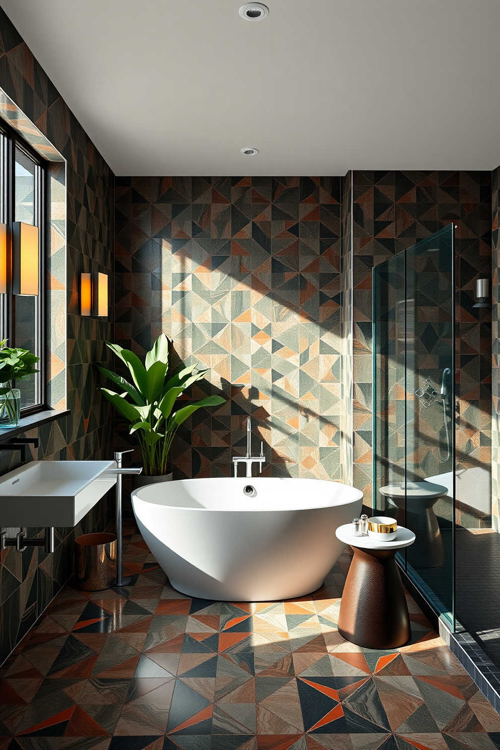 A large bathroom features bold statement tiles that create a striking visual interest. The walls are adorned with geometric patterns in vibrant colors, complemented by sleek fixtures and ample natural light. The spacious layout includes a freestanding soaking tub and a modern glass shower enclosure. Elegant accessories and lush greenery add a touch of luxury and warmth to the overall design.