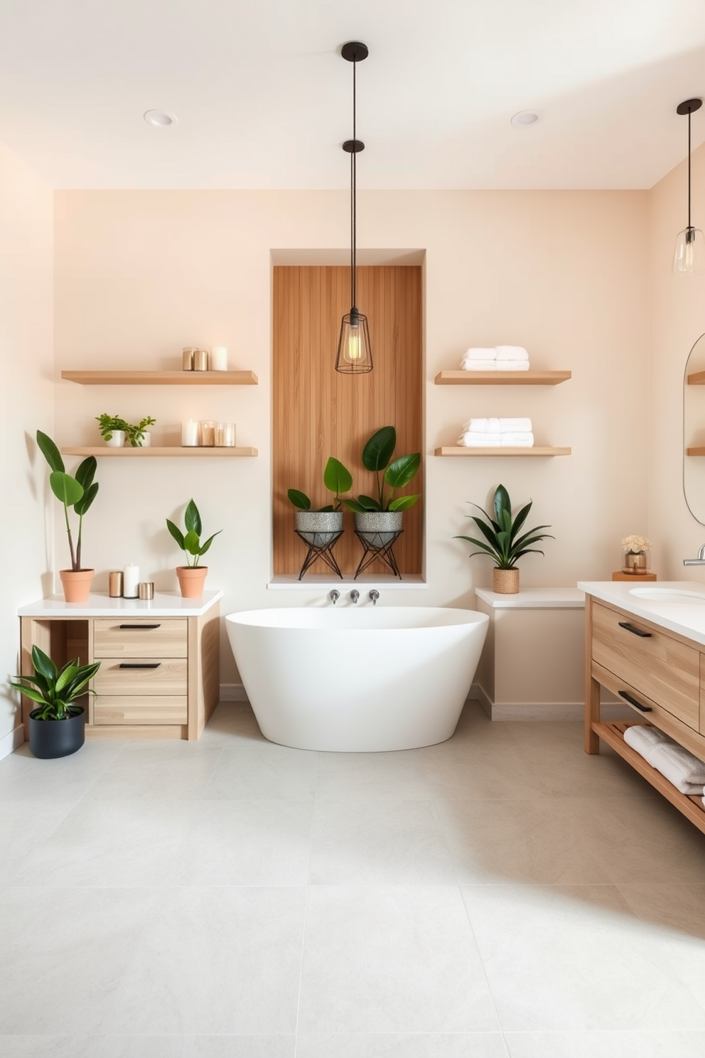 A large bathroom design featuring floating shelves for stylish storage. The shelves are made of reclaimed wood and are adorned with decorative baskets and potted plants for a touch of greenery. The space includes a freestanding soaking tub positioned beneath a large window, allowing natural light to flood the room. Elegant fixtures and a chic color palette of soft grays and whites create a serene atmosphere.