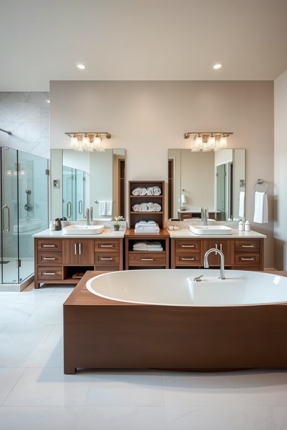 A luxurious large bathroom design featuring his and hers separate sink areas. Each sink is set into a stylish wooden vanity with elegant fixtures and ample storage space below. The walls are adorned with soft neutral tones, creating a calming atmosphere. A spacious walk-in shower with glass doors and a freestanding soaking tub complete the sophisticated look.