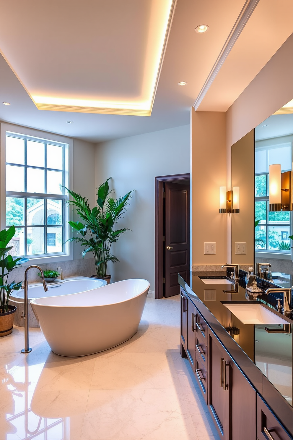 A spacious bathroom featuring integrated lighting that creates a warm and inviting ambiance. The design includes recessed ceiling lights and wall sconces that highlight the elegant features of the space. The layout showcases a large freestanding soaking tub positioned under a window, surrounded by lush plants for a spa-like feel. A double vanity with a sleek design is complemented by stylish fixtures and ample storage, enhancing both functionality and aesthetics.