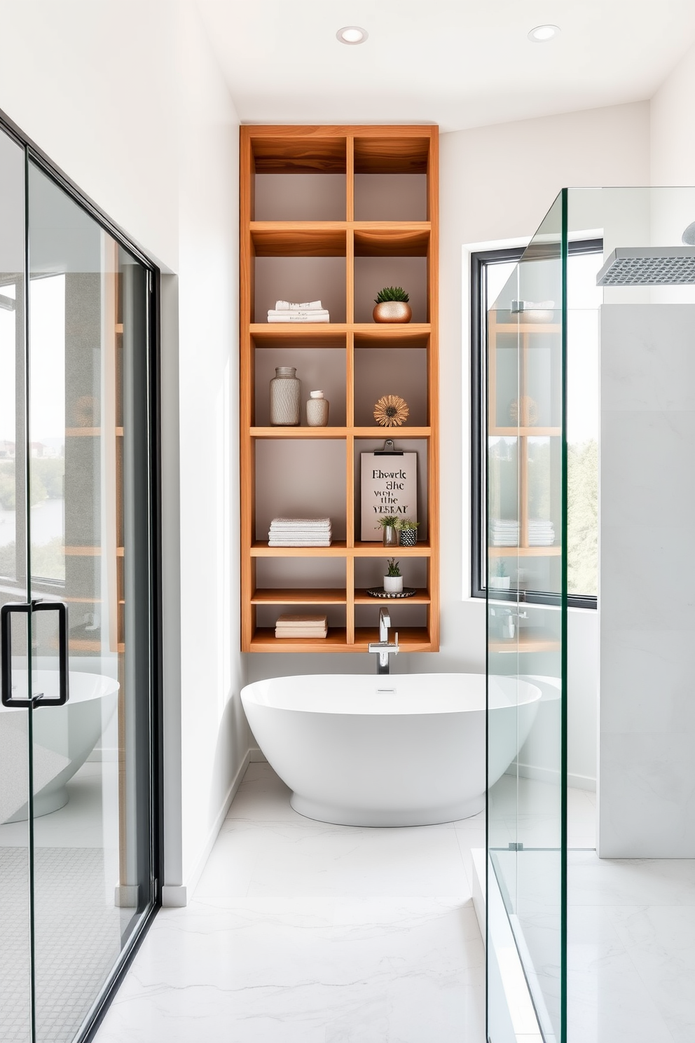 Open shelving creates a functional and stylish space, allowing for easy access to essentials and decorative items. The shelves are crafted from natural wood, beautifully contrasting with the sleek white walls and large mirrors that enhance the room's brightness. The bathroom features a spacious layout with a freestanding soaking tub positioned under a large window, offering a serene view. Complementing the tub, a modern shower area with glass doors showcases elegant tile work and a rainfall showerhead for a luxurious experience.