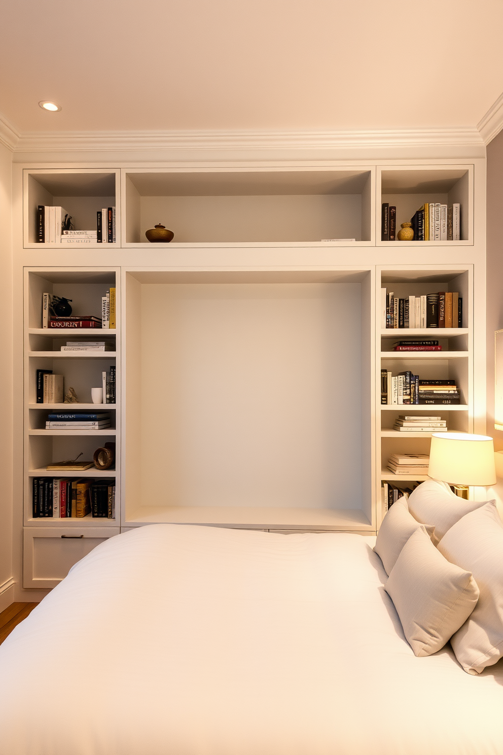 A spacious bedroom featuring built-in shelving units that seamlessly blend into the walls. The shelves are filled with books and decorative items, creating an inviting and organized atmosphere. The room is adorned with a plush king-sized bed dressed in luxurious linens. Soft lighting from bedside lamps casts a warm glow, enhancing the cozy ambiance of the space.